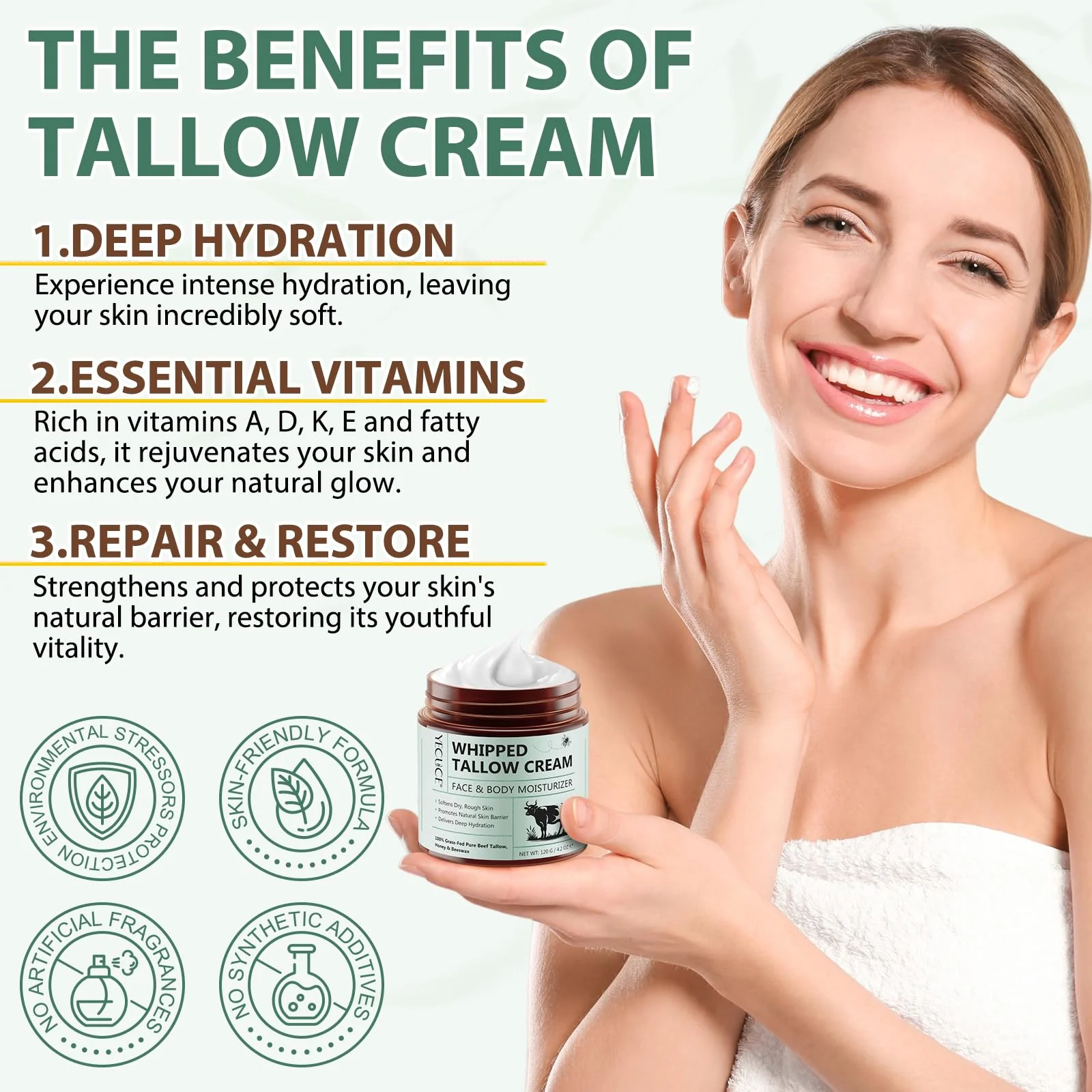 Whipped Beef Tallow for Skin - 100% Grass Fed Pure Beef Tallow with Honey, Natural Moisturizing Cream for Face and Body, Deep Hydration Softens Dry Skin, Nourishing Tallow Cream 4.2 Oz (2 Packs ) - Image 5