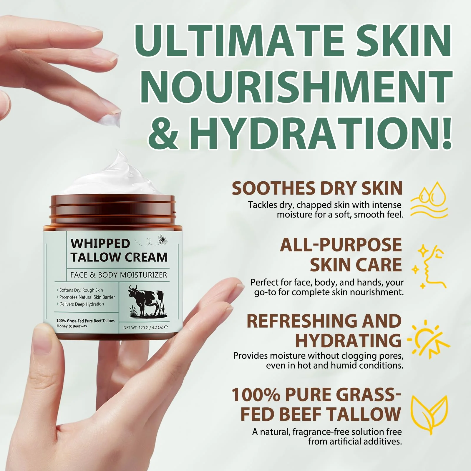Whipped Beef Tallow for Skin - 100% Grass Fed Pure Beef Tallow with Honey, Natural Moisturizing Cream for Face and Body, Deep Hydration Softens Dry Skin, Nourishing Tallow Cream 4.2 Oz (2 Packs ) - Image 7