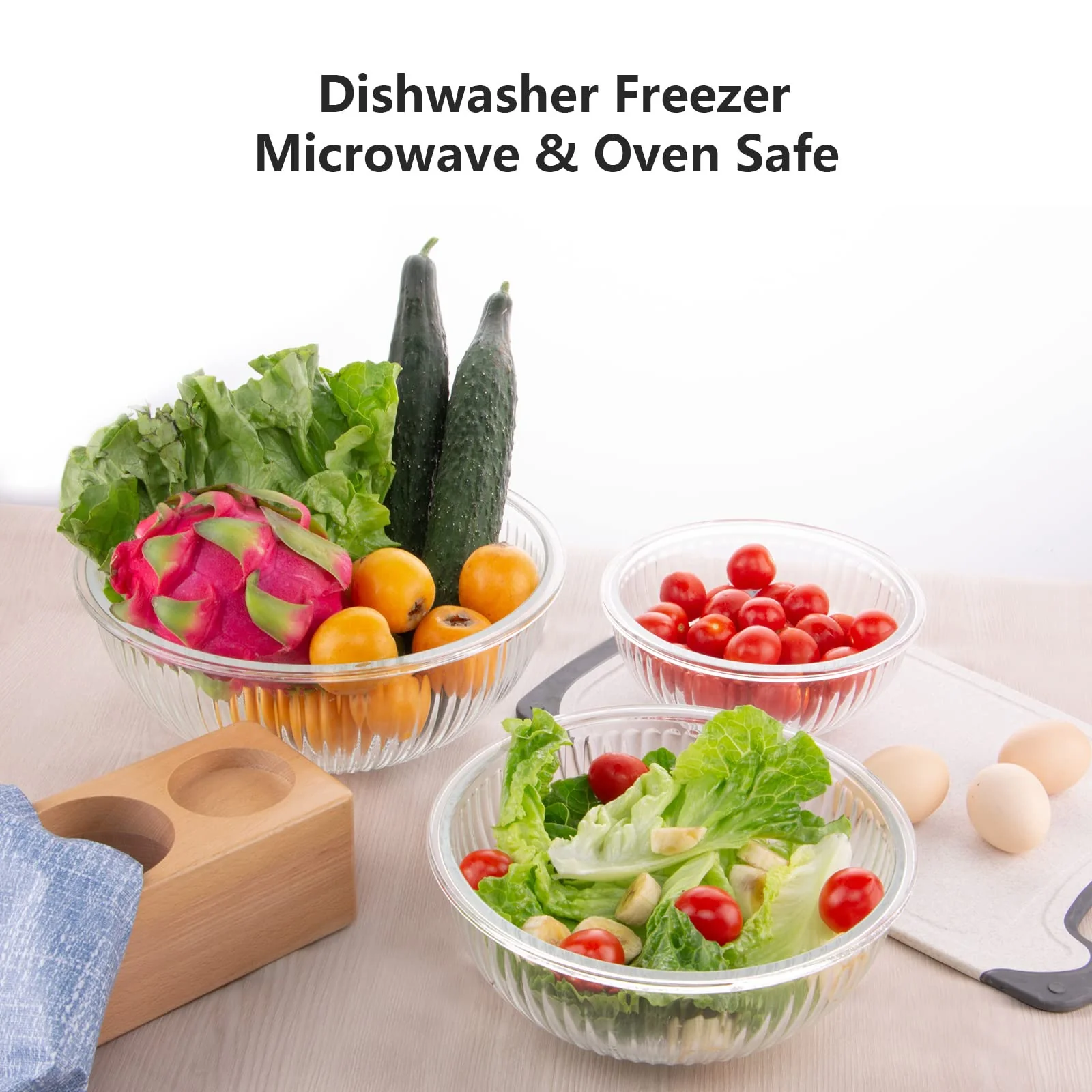 WhiteRhino Glass Mixing Bowls with Lids Set of 3(3.7QT, 2.1QT, 1.1QT),Large Kitchen Salad Bowls, Space-Saving Nesting Bowls, Clear Glass Serving Bowls for Cooking,Baking,Prepping,Dishwasher Safe - Image 2