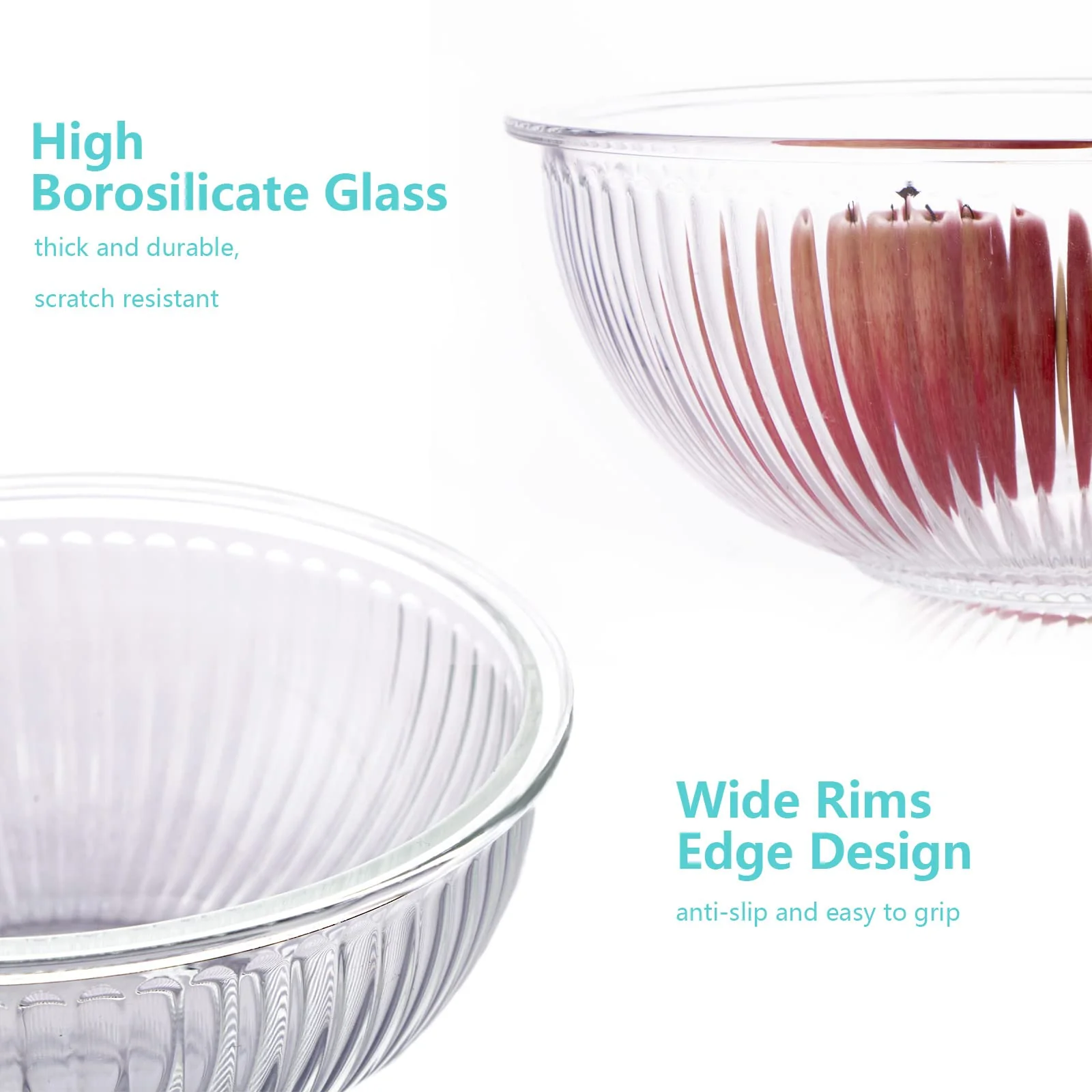 WhiteRhino Glass Mixing Bowls with Lids Set of 3(3.7QT, 2.1QT, 1.1QT),Large Kitchen Salad Bowls, Space-Saving Nesting Bowls, Clear Glass Serving Bowls for Cooking,Baking,Prepping,Dishwasher Safe - Image 4