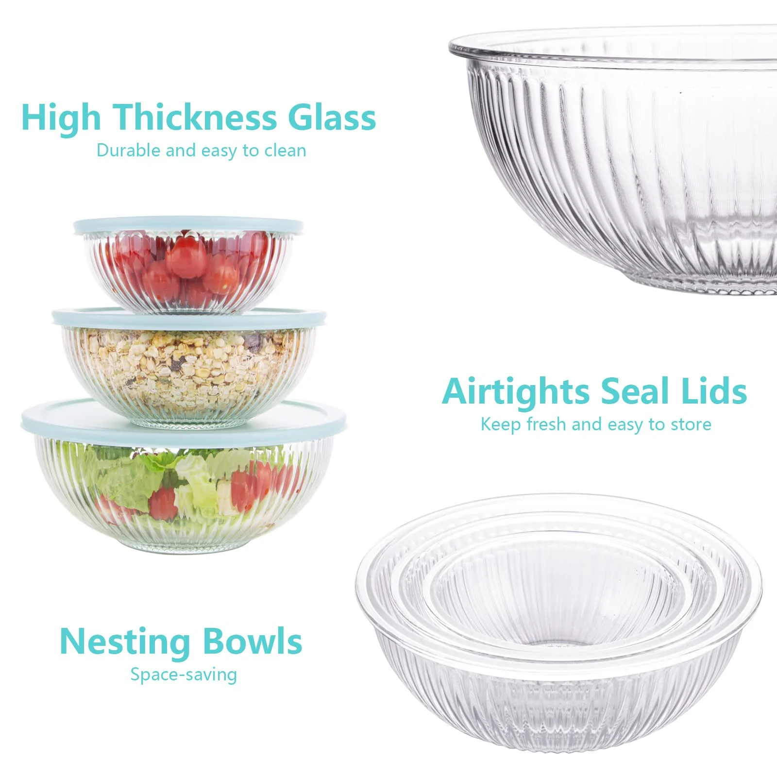 WhiteRhino Glass Mixing Bowls with Lids Set of 3(3.7QT, 2.1QT, 1.1QT),Large Kitchen Salad Bowls, Space-Saving Nesting Bowls, Clear Glass Serving Bowls for Cooking,Baking,Prepping,Dishwasher Safe - Image 6