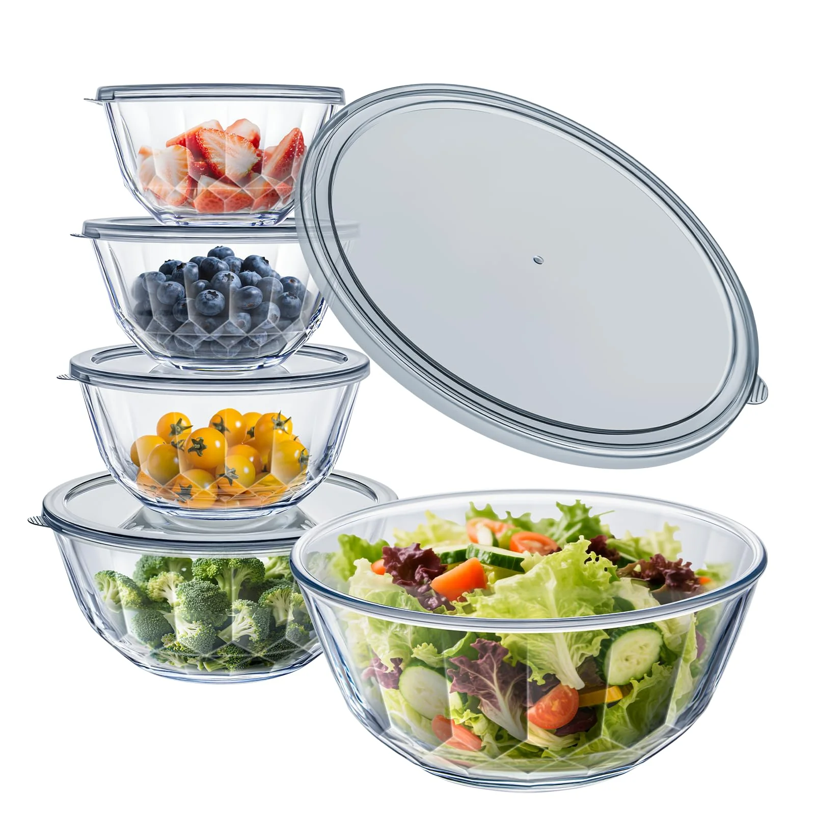 WhiteRhino Glass Mixing Bowls with Lids Set of 5(4.70QT,2.85QT, 1.69QT,1.11QT,0.85QT,Glass Bowls with Lids,Large Salad Bowls Space-Saving Nesting for Cooking,Baking,Prepping,Dishwasher Safe