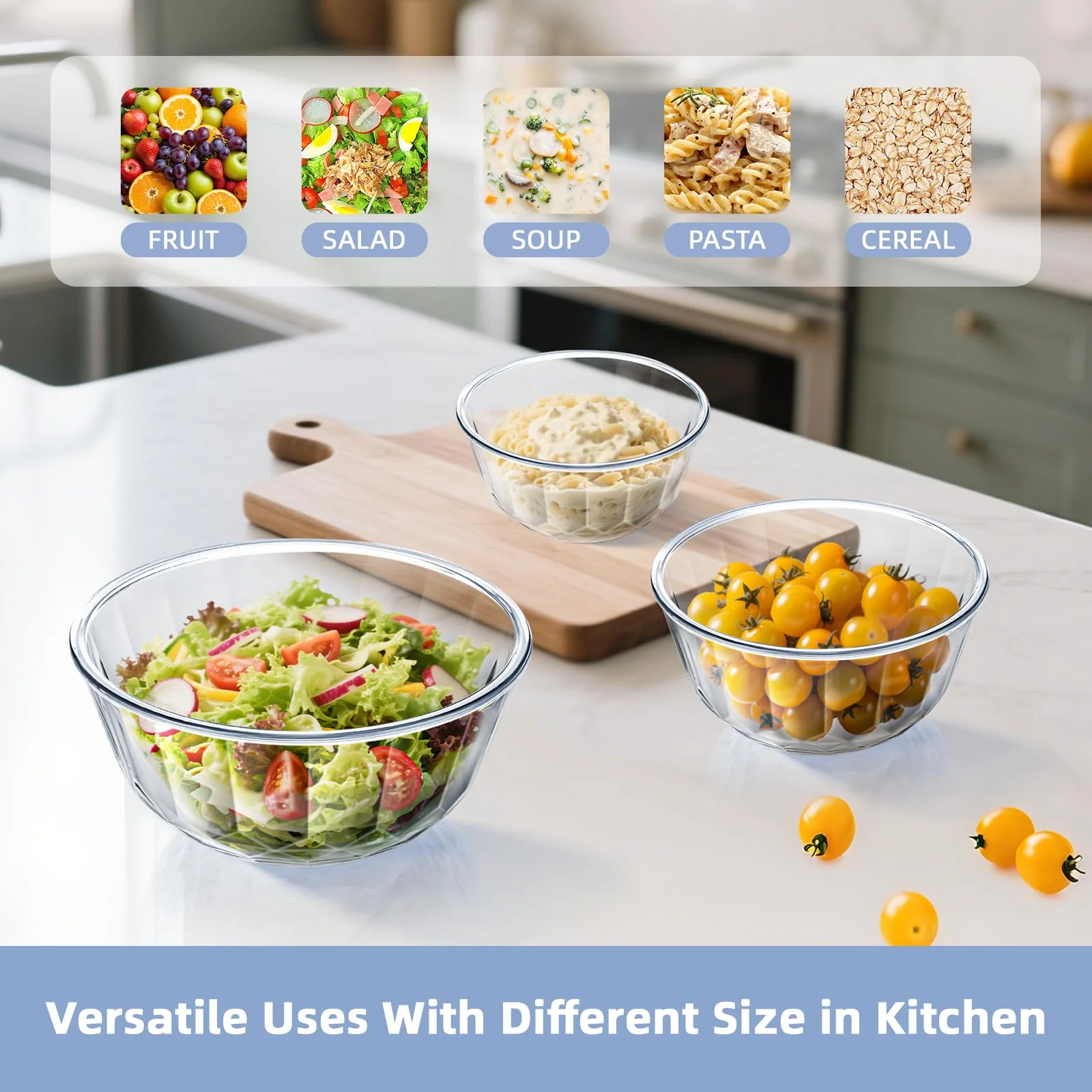 WhiteRhino Glass Mixing Bowls with Lids Set of 5(4.70QT,2.85QT, 1.69QT,1.11QT,0.85QT,Glass Bowls with Lids,Large Salad Bowls Space-Saving Nesting for Cooking,Baking,Prepping,Dishwasher Safe - Image 2
