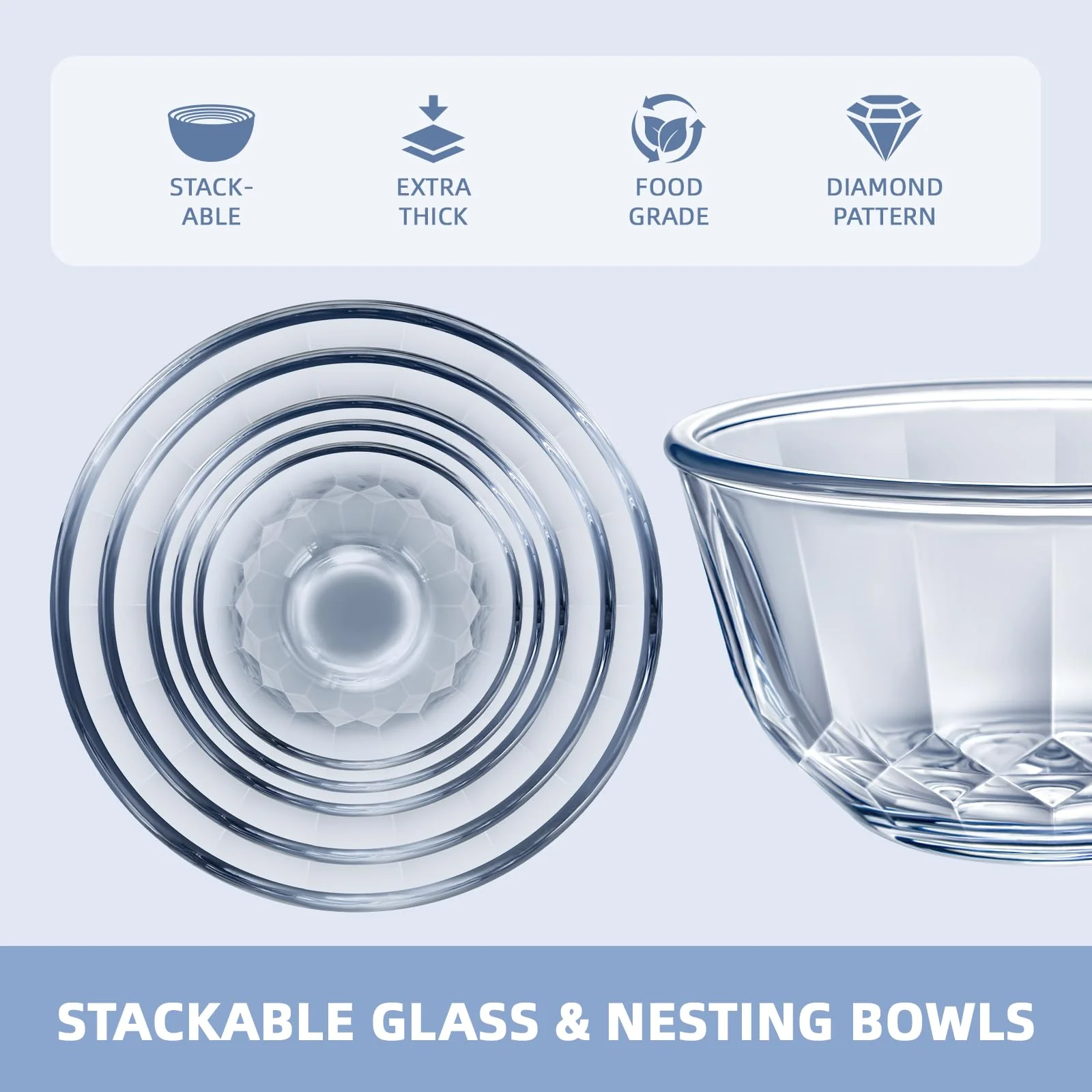 WhiteRhino Glass Mixing Bowls with Lids Set of 5(4.70QT,2.85QT, 1.69QT,1.11QT,0.85QT,Glass Bowls with Lids,Large Salad Bowls Space-Saving Nesting for Cooking,Baking,Prepping,Dishwasher Safe - Image 6