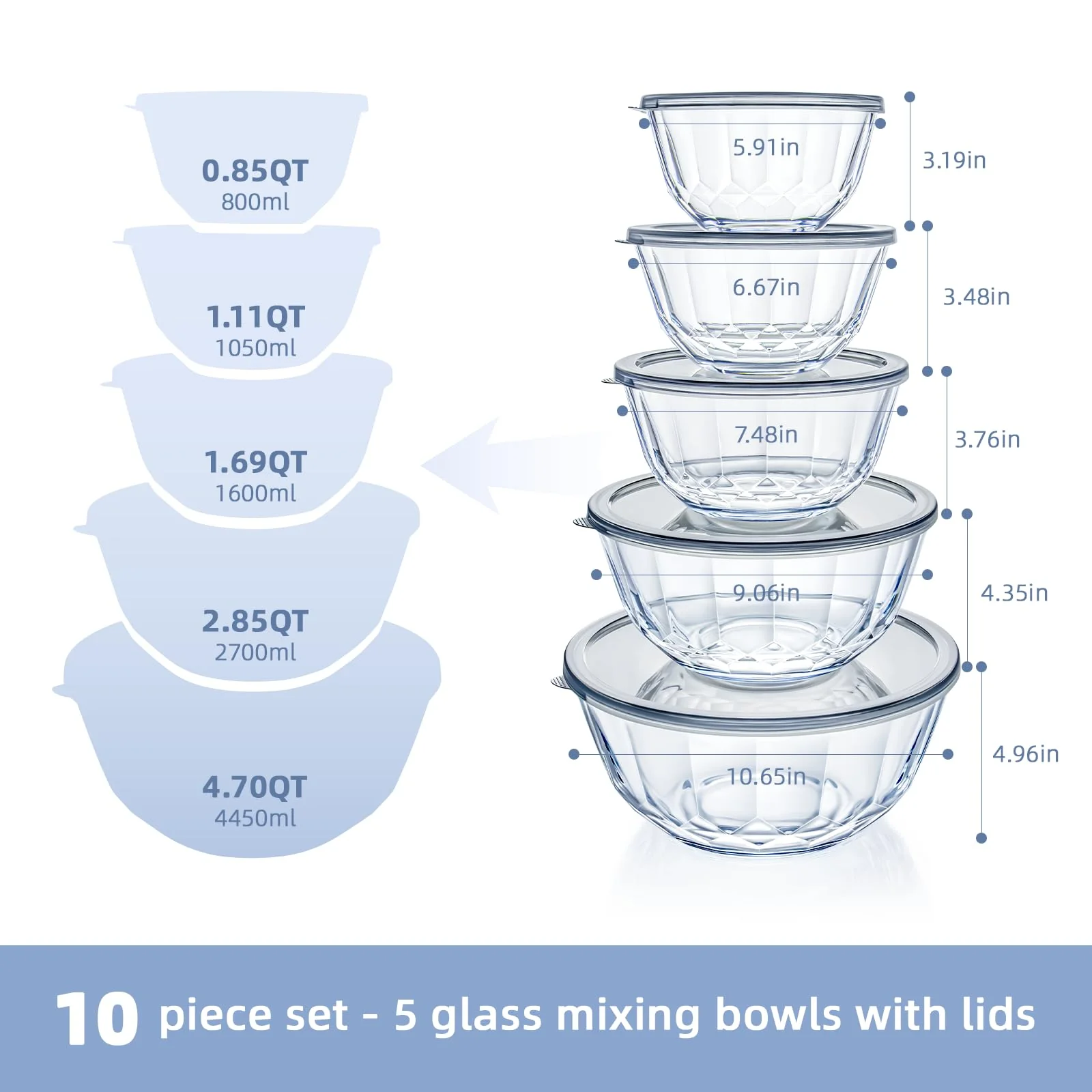 WhiteRhino Glass Mixing Bowls with Lids Set of 5(4.70QT,2.85QT, 1.69QT,1.11QT,0.85QT,Glass Bowls with Lids,Large Salad Bowls Space-Saving Nesting for Cooking,Baking,Prepping,Dishwasher Safe - Image 7