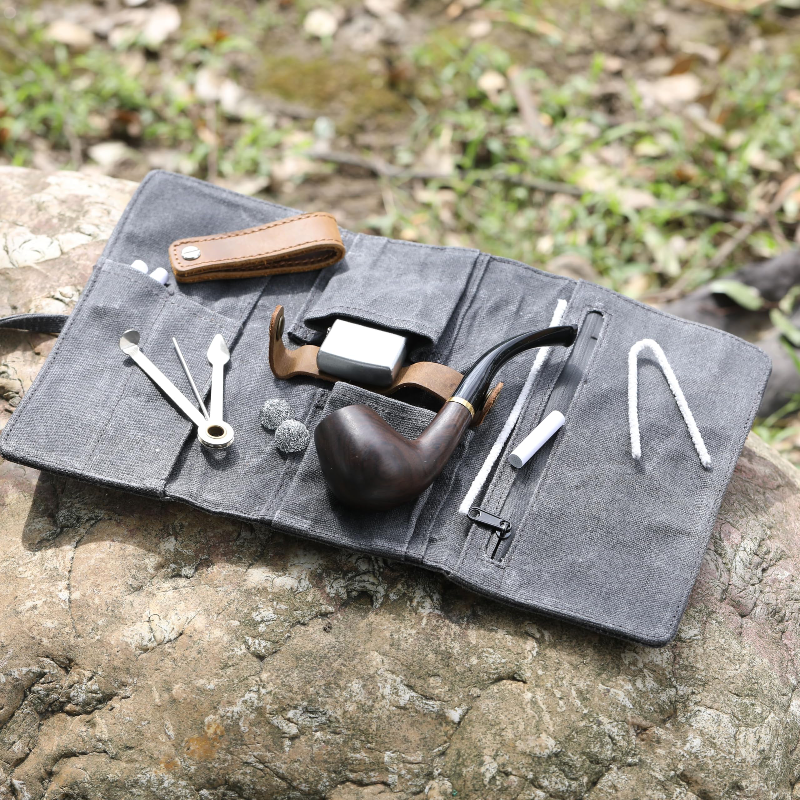 Whitluck's Waxed Canvas Tobacco Smoking Pipe Pouch with Leather Pipe Stand, Travel Pipe Case Bag for 2 Pipes and Other Accessories (Charcoal Grey) - Image 2