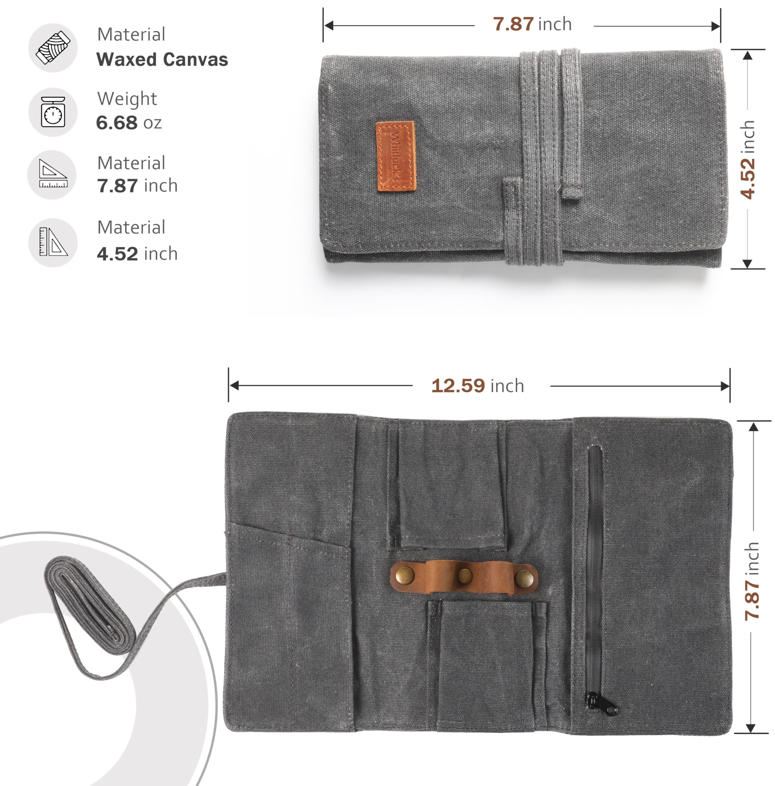 Whitluck's Waxed Canvas Tobacco Smoking Pipe Pouch with Leather Pipe Stand, Travel Pipe Case Bag for 2 Pipes and Other Accessories (Charcoal Grey) - Image 4
