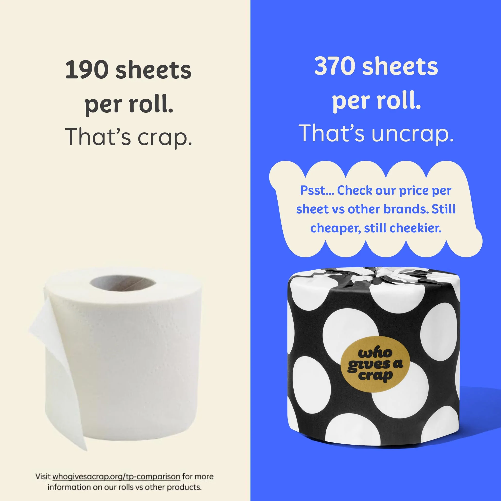 Who Gives A Crap 100% Bamboo Toilet Paper, 48 Rolls, 3 Ply, 370 Sheets, Long, Strong & Soft Toilet Tissue, Sustainable, Biodegradable, Renewable, Tree Free Bathroom Tissue Bulk Toilet Paper - Image 7