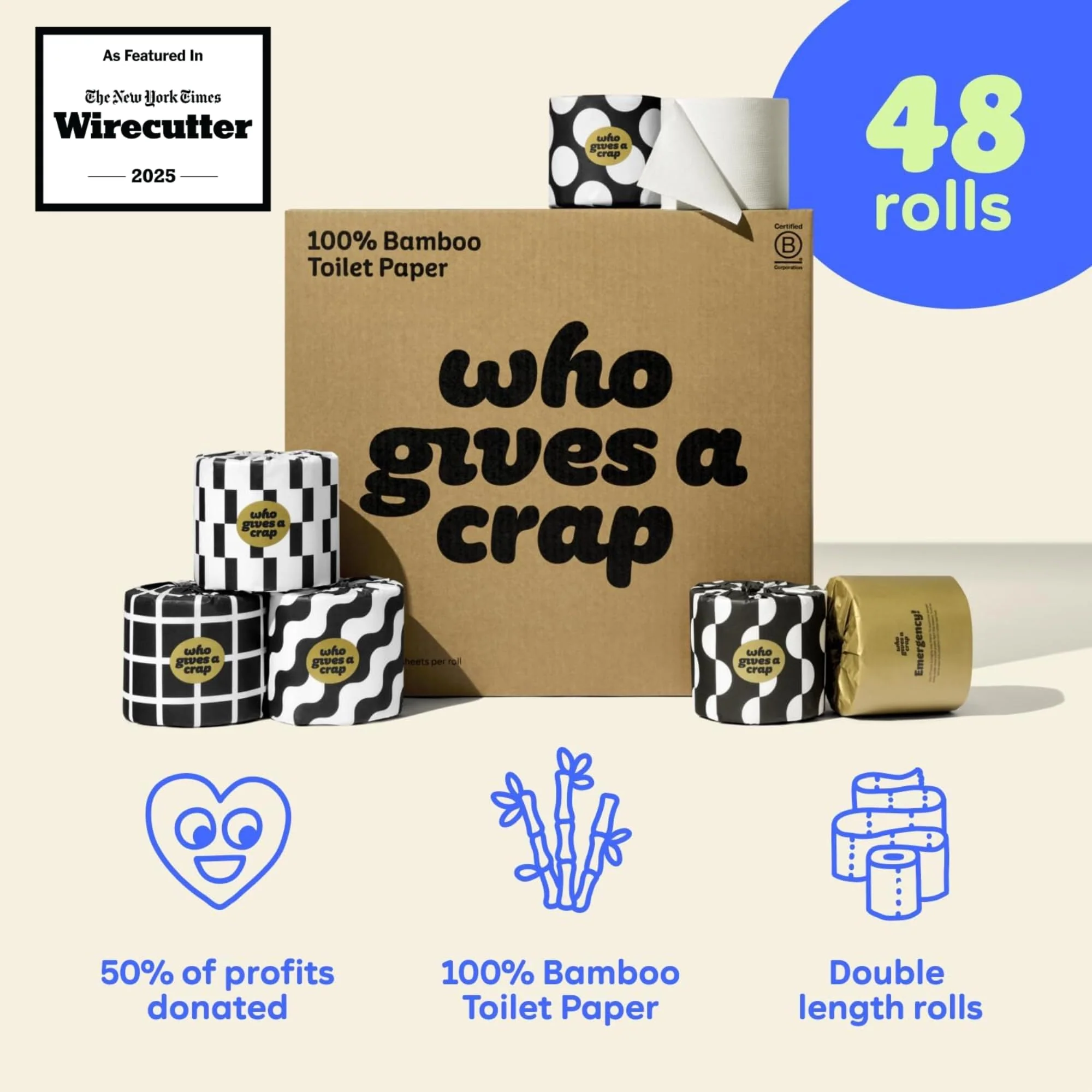 Who Gives A Crap 100% Bamboo Toilet Paper, 48 Rolls, 3 Ply, 370 Sheets, Long, Strong & Soft Toilet Tissue, Sustainable, Biodegradable, Renewable, Tree Free Bathroom Tissue Bulk Toilet Paper - Image 9