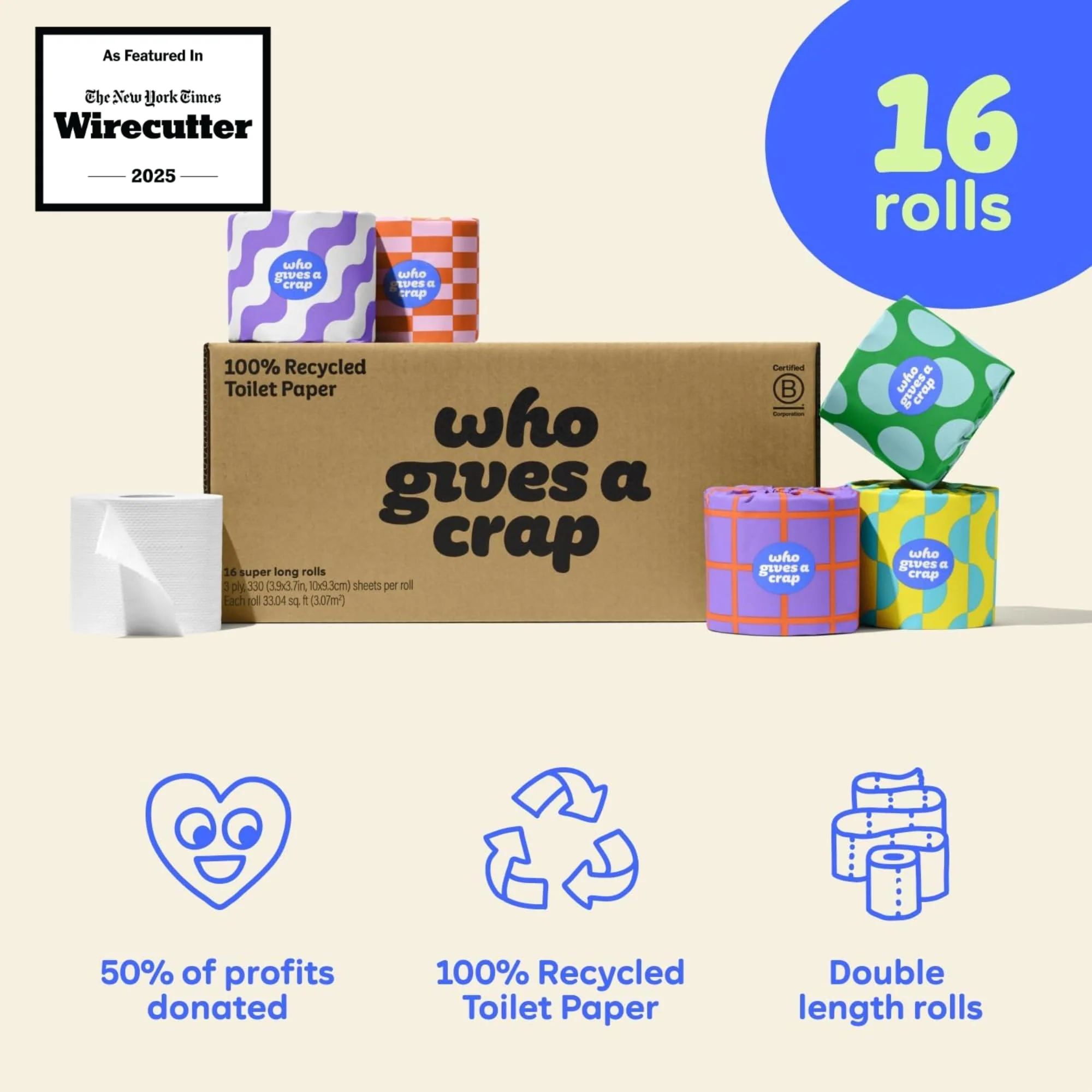 Who Gives A Crap | 100% Recycled Toilet Paper, 16 Rolls, 330 Sheets, Soft & Strong, Virgin Tree Free, Bulk Toilet Paper - Image 9