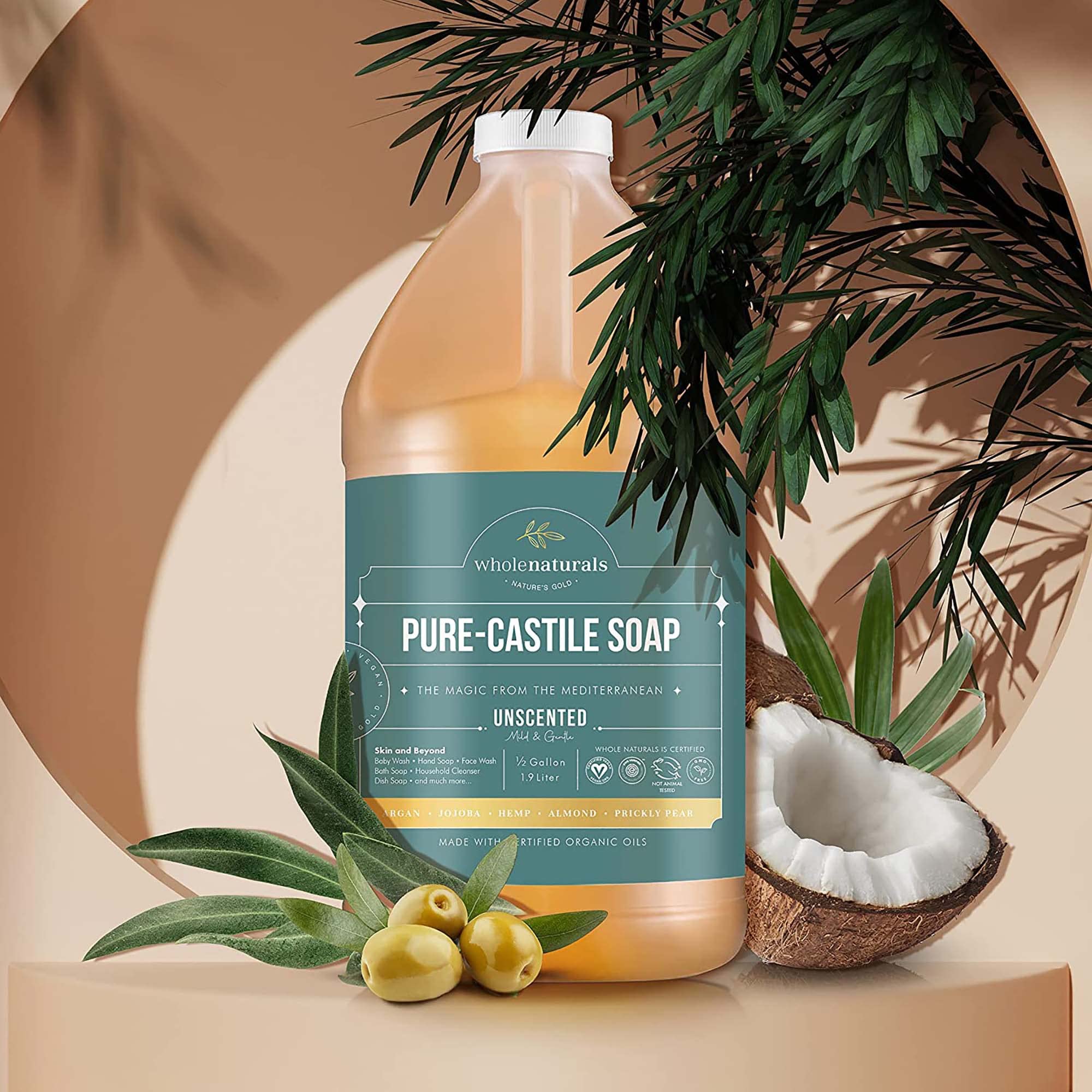 WHOLENATURALS Pure Castile Soap Liquid, EWG Verified & Certified Palm Oil Free Unscented, Natural, Mild & Gentle Non-gmo & Vegan - Organic Body Wash, Laundry, Pet/Dog and Baby Soap - 64 Fl Oz - Image 4