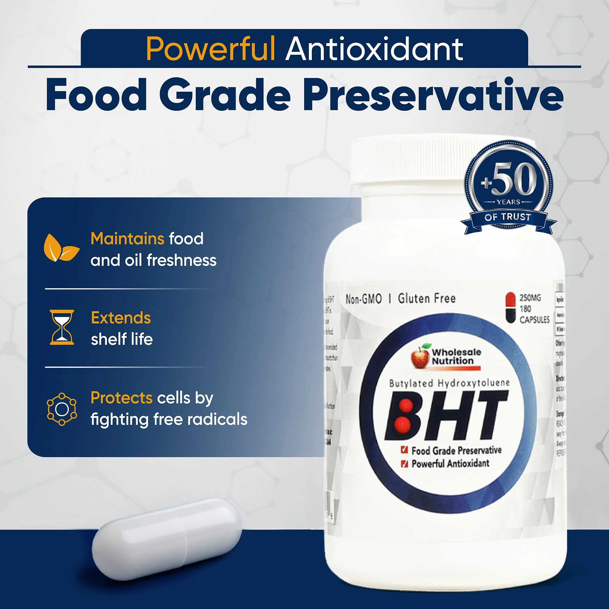 Wholesale Nutrition BHT - 250mg Potent Antioxidant - Non-GMO, Gluten-Free - Enhance Oil/Fat Preservation - Pure Butylated Hydroxytoluene for Foods/Oils - 180 Capsules - Image 3
