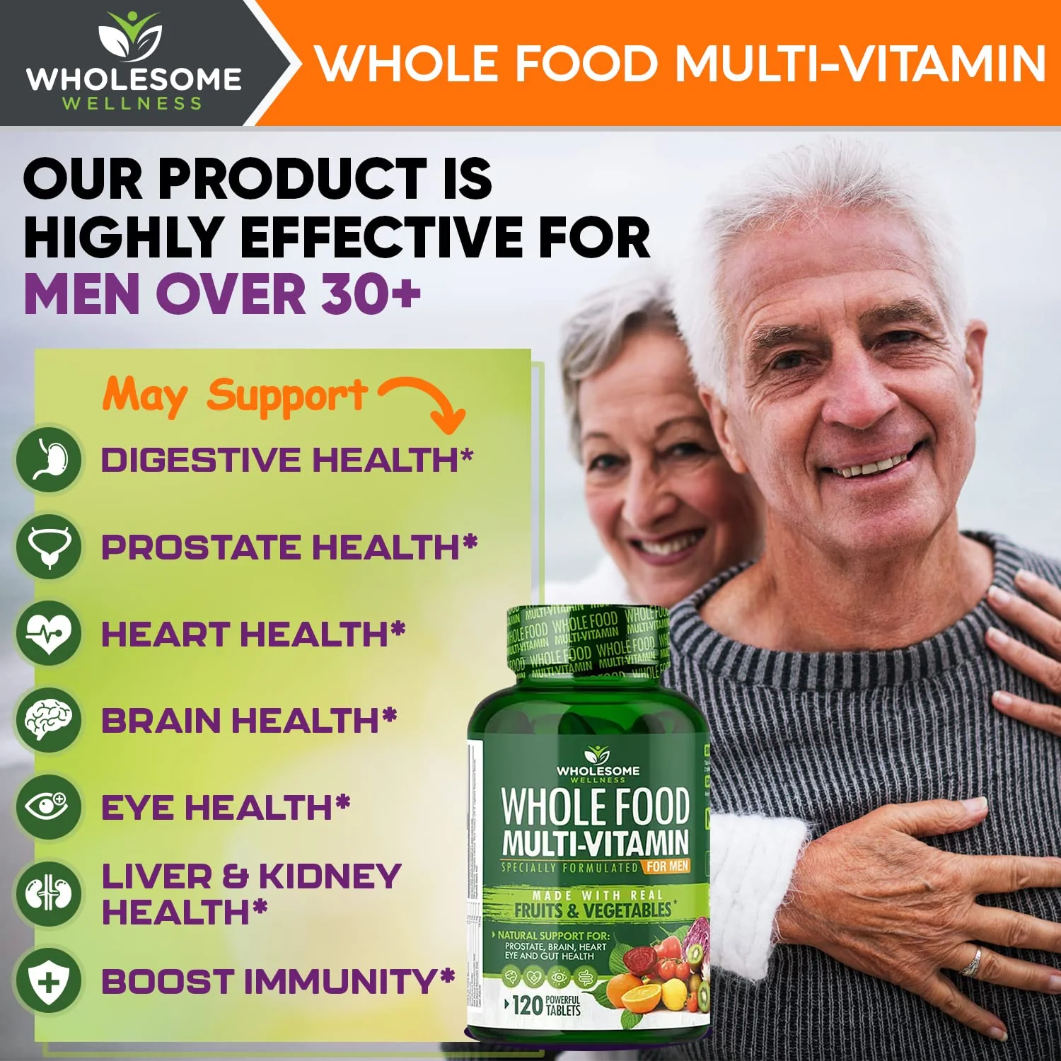 Wholesome Wellness Whole Food Multivitamin for Men - Natural Multi Vitamins, Minerals, Organic Extracts - Vegan Vegetarian - 120 Tablets - Image 4