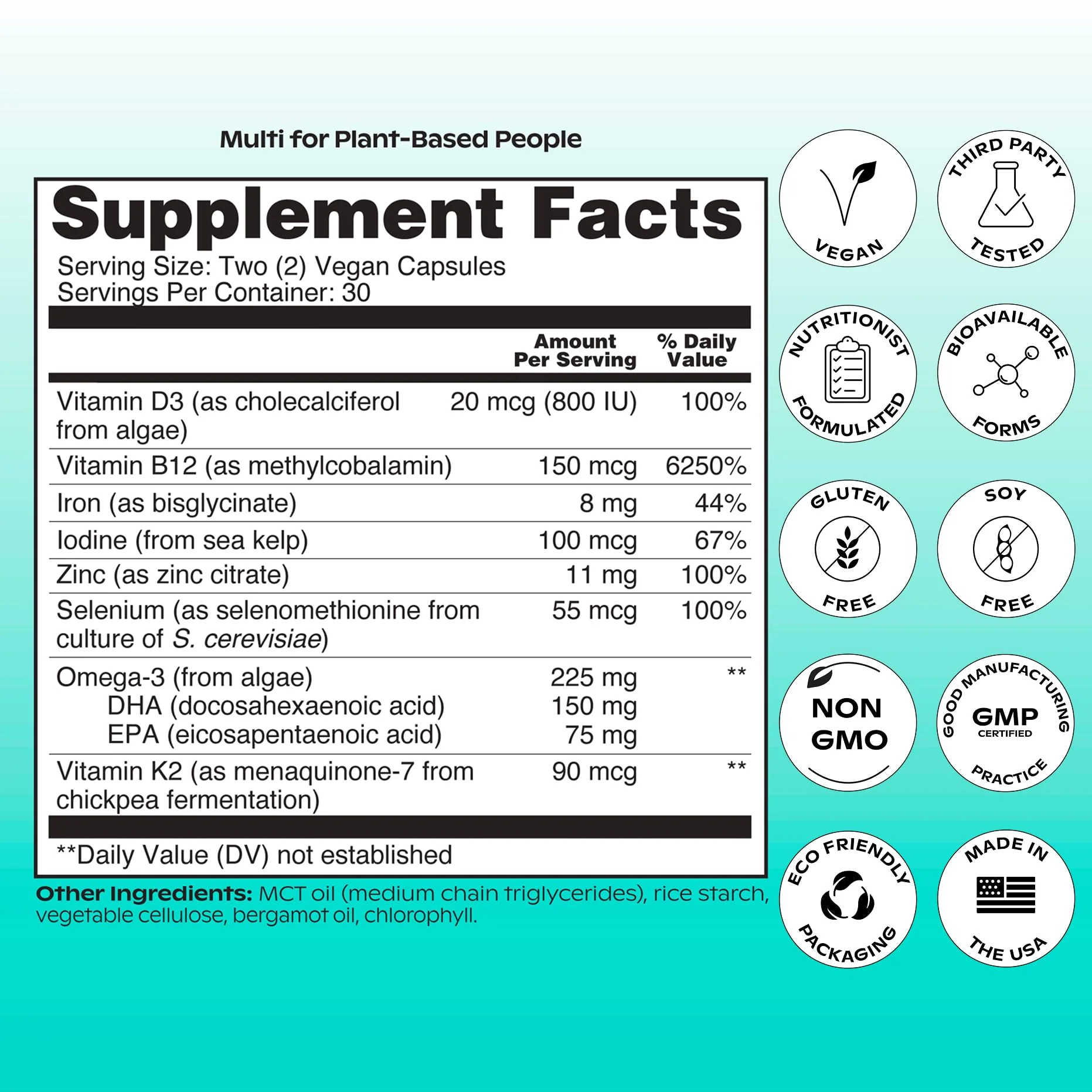 wholier Plant Based Multivitamin Vegan Omega-3 DHA EPA, Vitamin D, B12, Zinc, Vitamin K2, Iron, Iodine, Selenium. 60 Count (30-Day Supply) Glass Bottle - Image 2