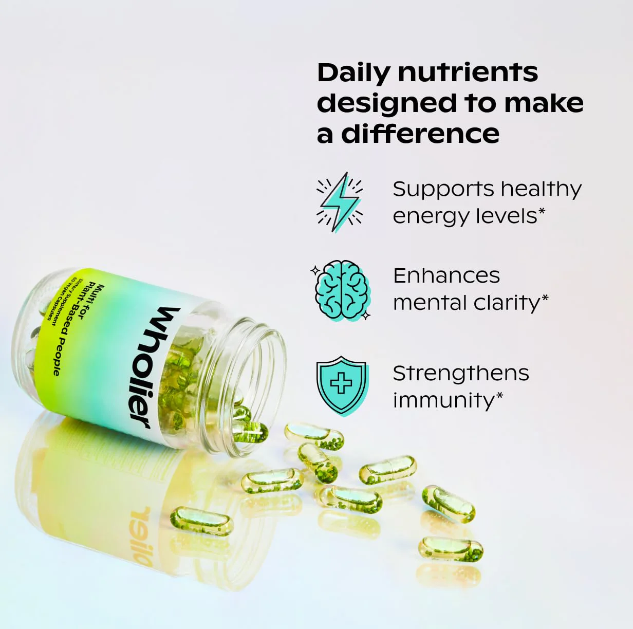 wholier Plant Based Multivitamin Vegan Omega-3 DHA EPA, Vitamin D, B12, Zinc, Vitamin K2, Iron, Iodine, Selenium. 60 Count (30-Day Supply) Glass Bottle - Image 4
