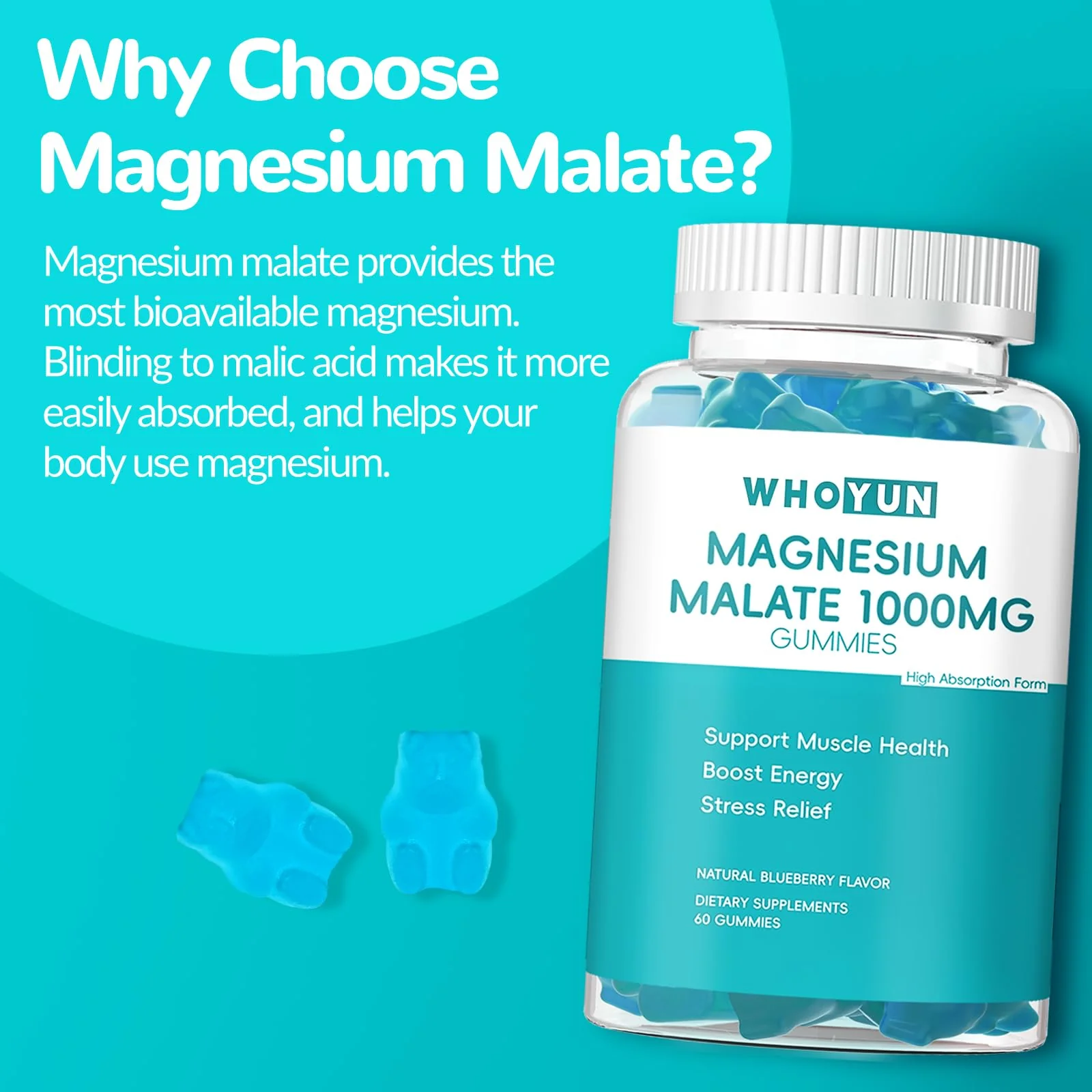 Whoyun Magnesium Malate Gummies 1000mg, Enhanced Absorption Magnesium Chewables Supplement with Malic Acid for Energy Boost & Muscle Health, 60 Count - Image 3