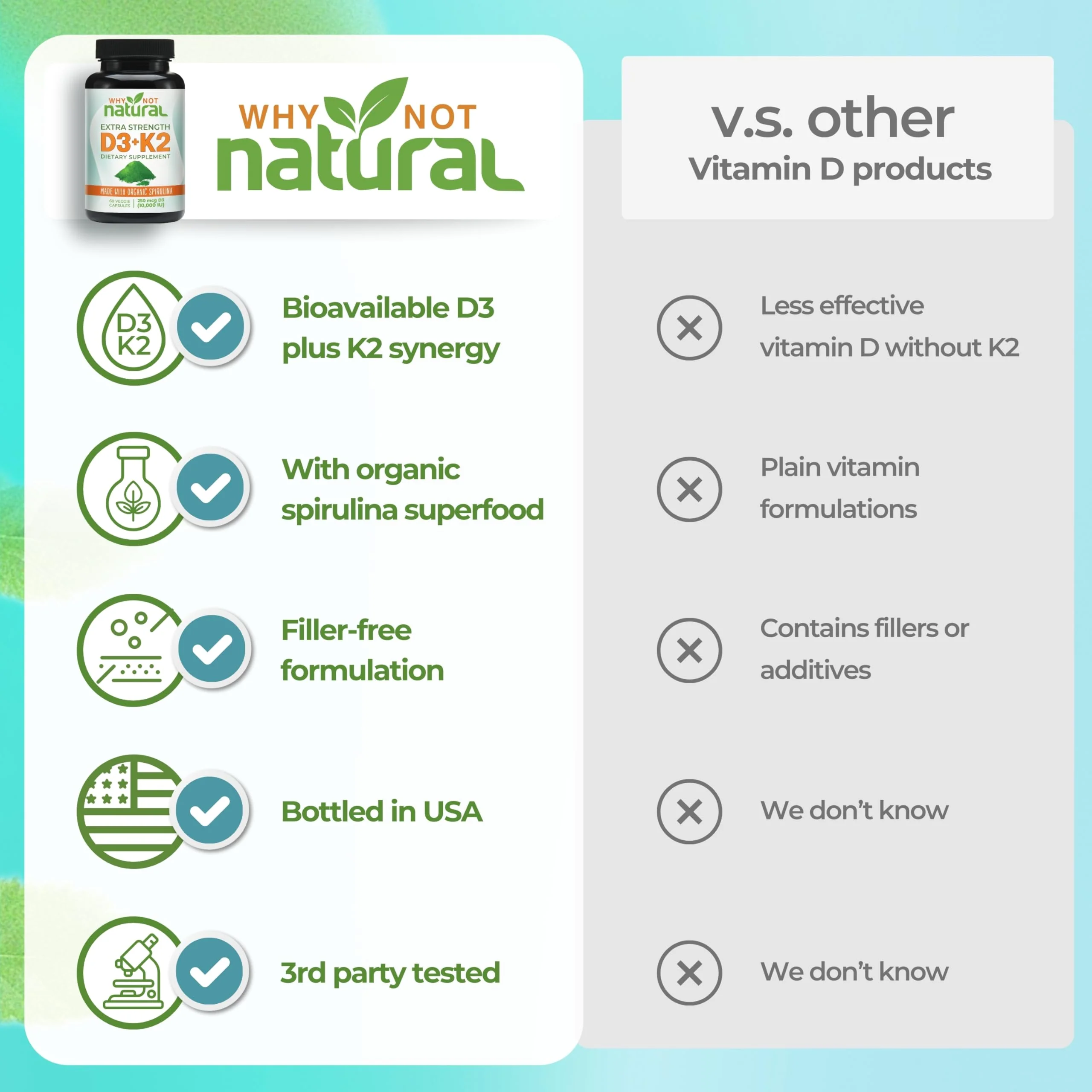 Why Not Natural Vitamin D3 K2 (MK-7) with Organic Spirulina, 10000 IU Extra Strength Supplement in Veggie Capsules, Supports Bone Health, Immune System and Mood - Image 4