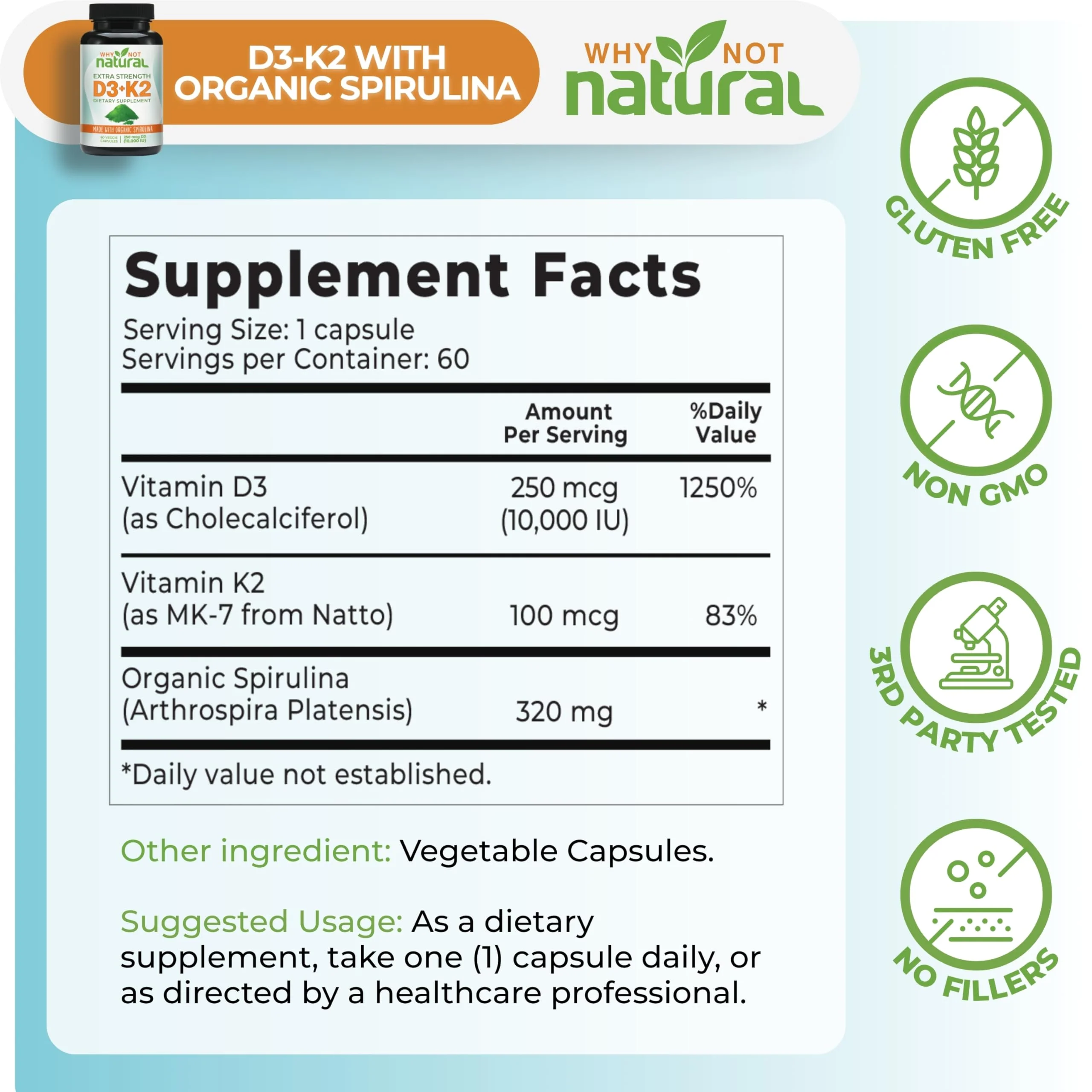 Why Not Natural Vitamin D3 K2 (MK-7) with Organic Spirulina, 10000 IU Extra Strength Supplement in Veggie Capsules, Supports Bone Health, Immune System and Mood - Image 5
