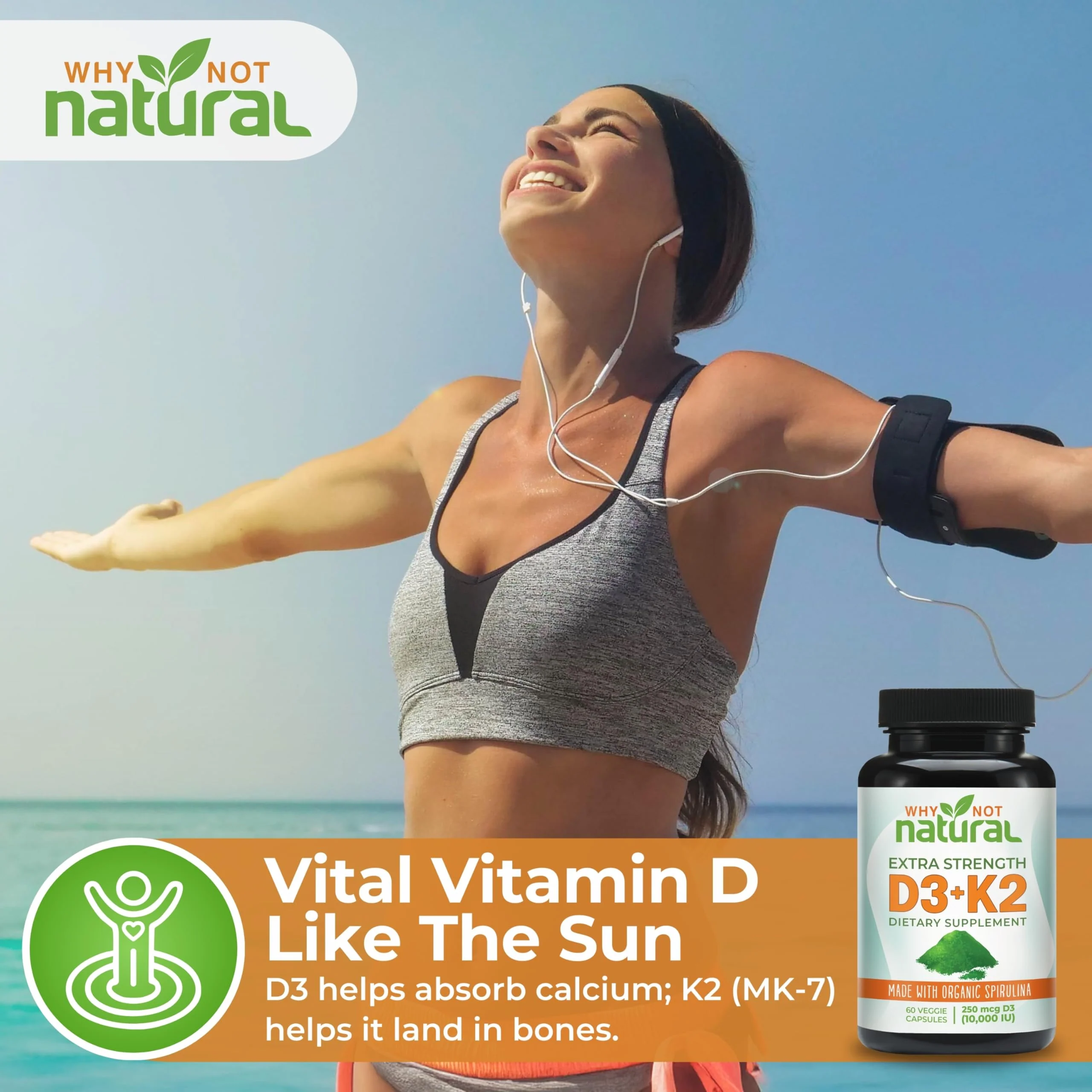 Why Not Natural Vitamin D3 K2 (MK-7) with Organic Spirulina, 10000 IU Extra Strength Supplement in Veggie Capsules, Supports Bone Health, Immune System and Mood - Image 6