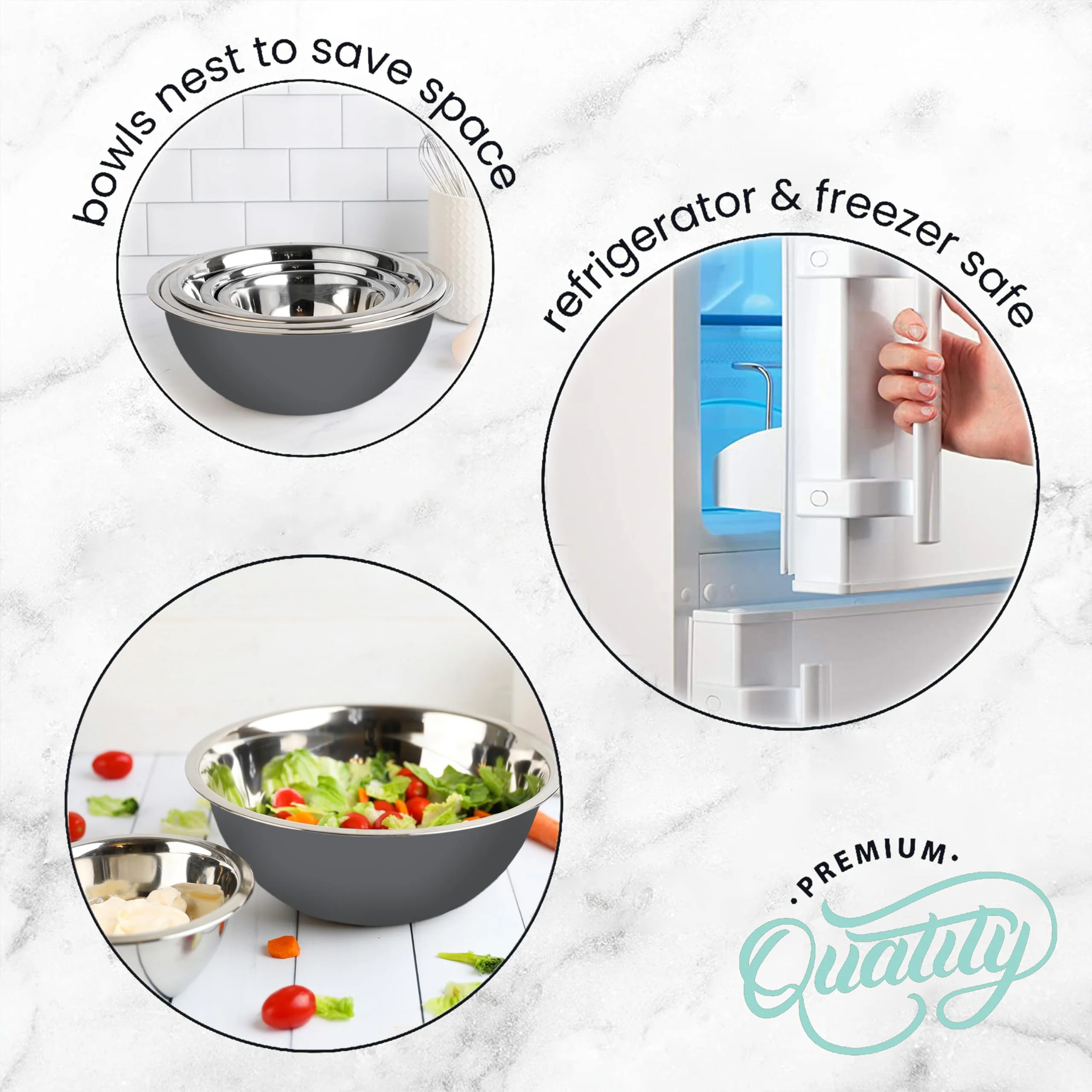 WHYSKO Meal Prep Stainless Steel Mixing Bowls Set, Home, Refrigerator, and Kitchen Food Storage Organizers | Ecofriendly, Reusable, Heavy Duty (Gray) - Image 2