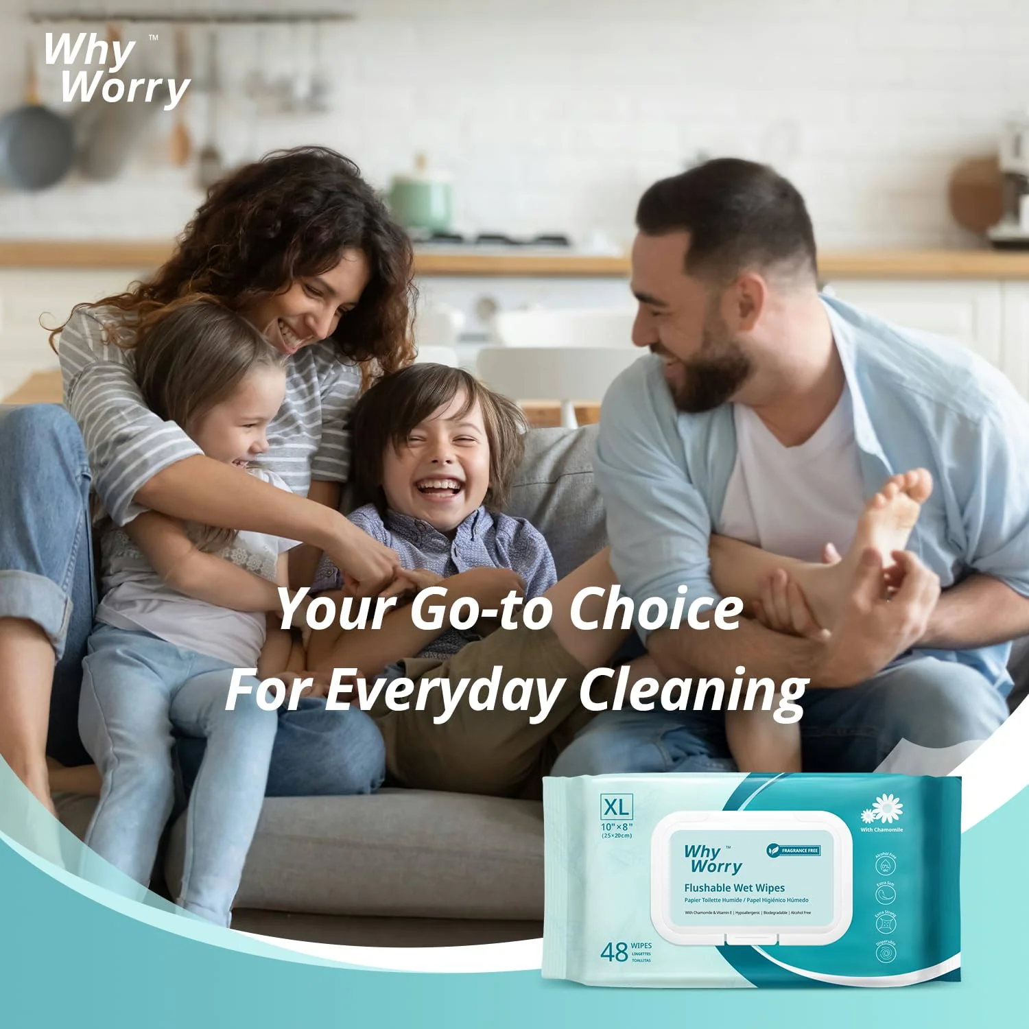 WhyWorry Flushable Wipes for Adults, Extra Large 8"x10" Butt Wipes for Toilet & Personal Cleansing, Chamomile and Vitamin E, 100% Plant-Based, Septic & Sewer Safe, Unscented, 144 Count (3 Packs) - Image 2