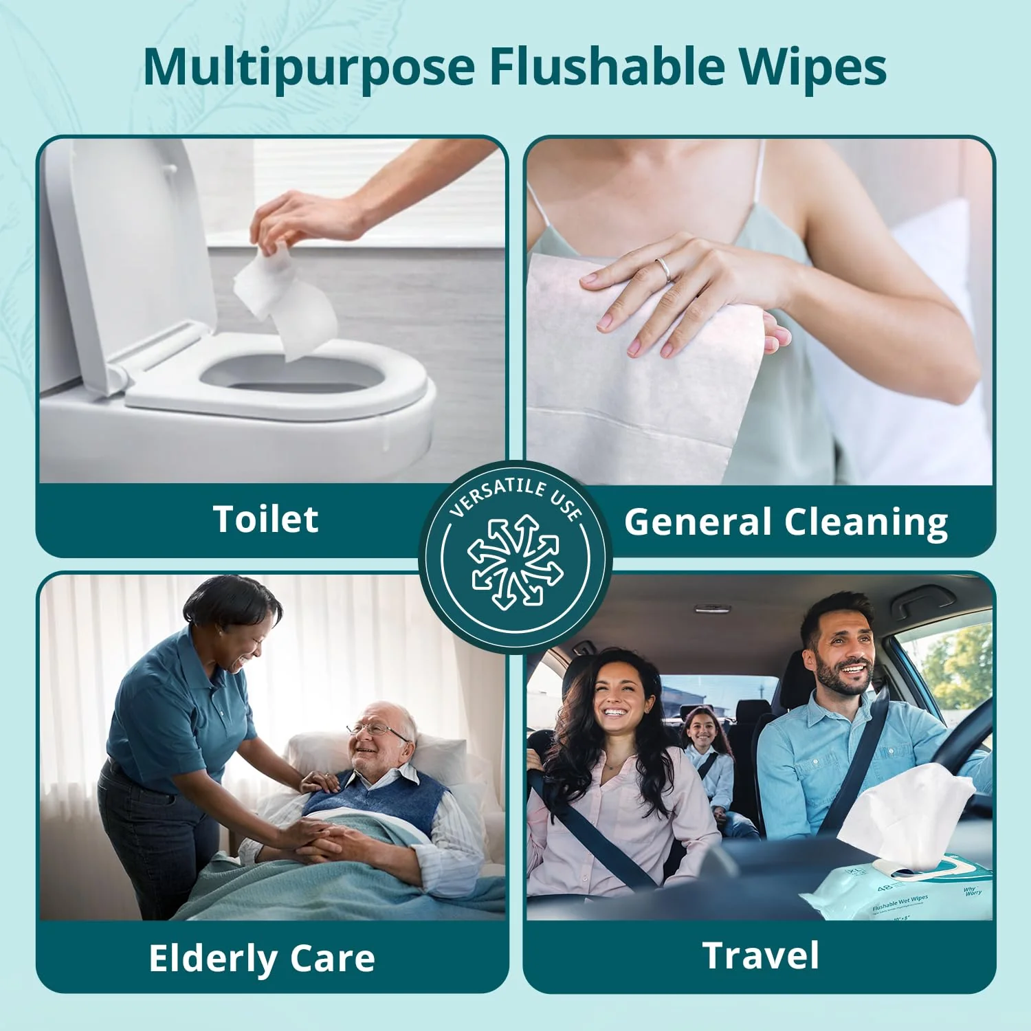 WhyWorry Flushable Wipes for Adults, Extra Large 8"x10" Butt Wipes for Toilet & Personal Cleansing, Chamomile and Vitamin E, 100% Plant-Based, Septic & Sewer Safe, Unscented, 144 Count (3 Packs) - Image 3