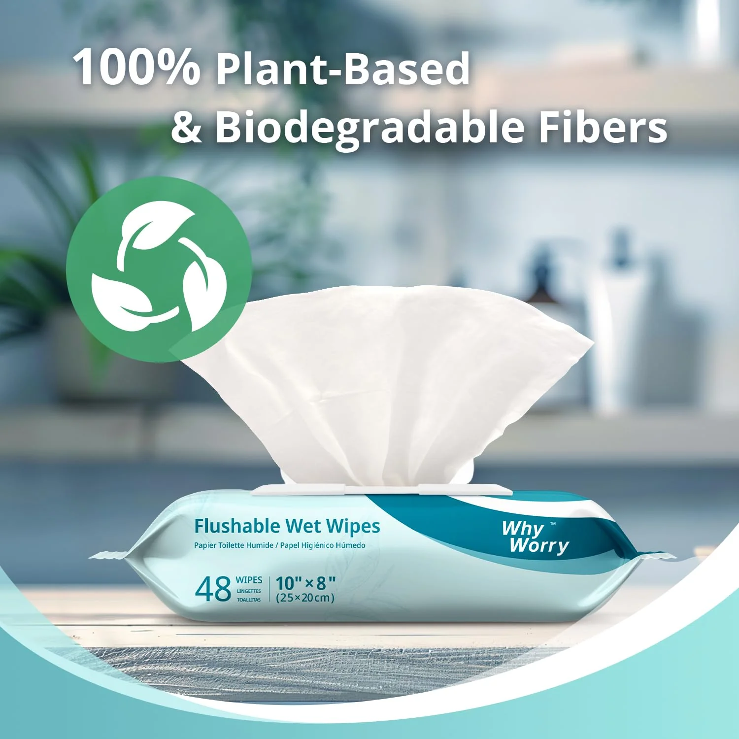 WhyWorry Flushable Wipes for Adults, Extra Large 8"x10" Butt Wipes for Toilet & Personal Cleansing, Chamomile and Vitamin E, 100% Plant-Based, Septic & Sewer Safe, Unscented, 144 Count (3 Packs) - Image 4