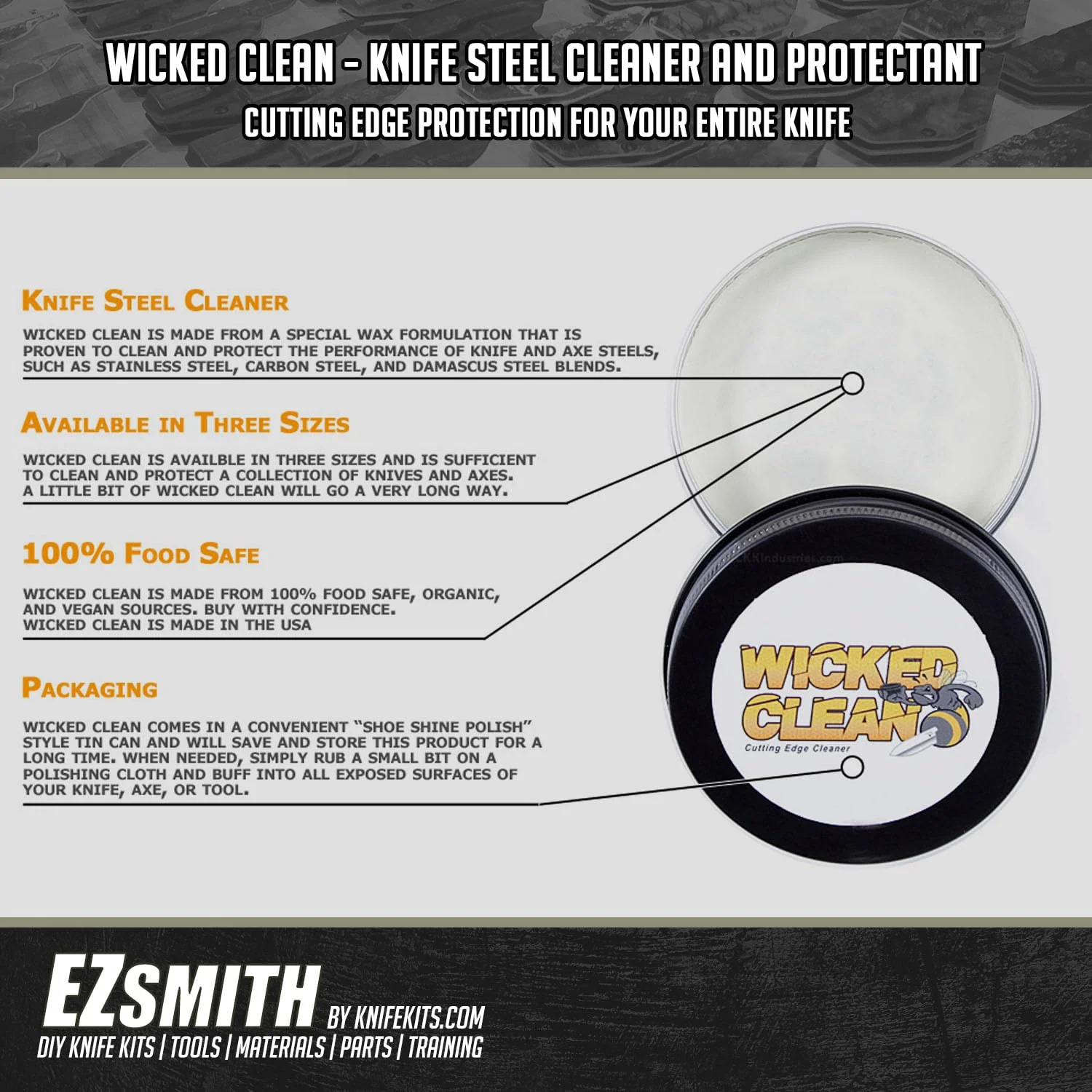 WICKED CLEAN - (2.0 oz.) - Cutting Edge Knife Cleaner - For Stainless Steel, Carbon Steel, and Damascus Steel - 100% Organic & Food Safe - (USA Made) – Cleans & Protects - Image 2