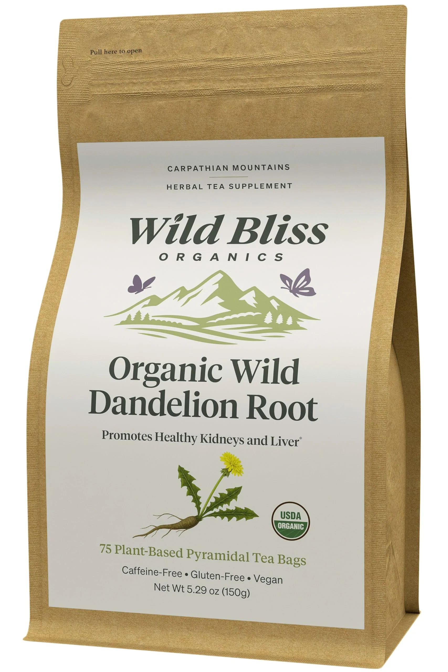 Wild Bliss Organic Wild Raw Dandelion Root Tea - Pharmacopoeia Quality Caffeine Free Herbal Detox Support - 75 Plant Based Tea Bags - Image 2