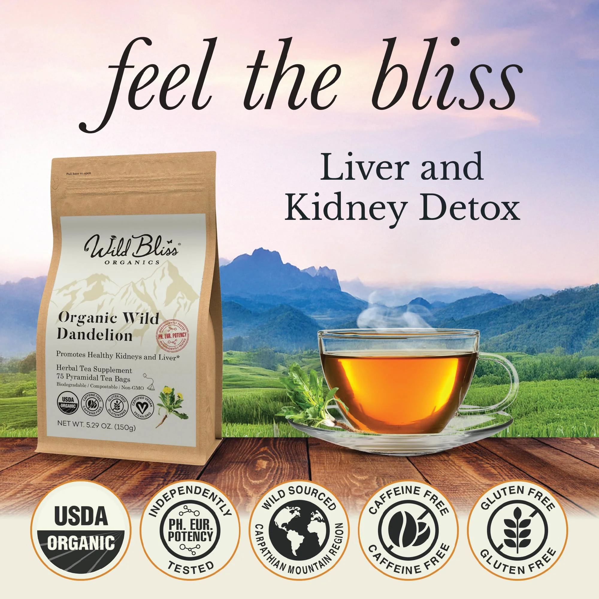 Wild Bliss Organic Wild Raw Dandelion Root Tea - Pharmacopoeia Quality Caffeine Free Herbal Detox Support - 75 Plant Based Tea Bags - Image 3