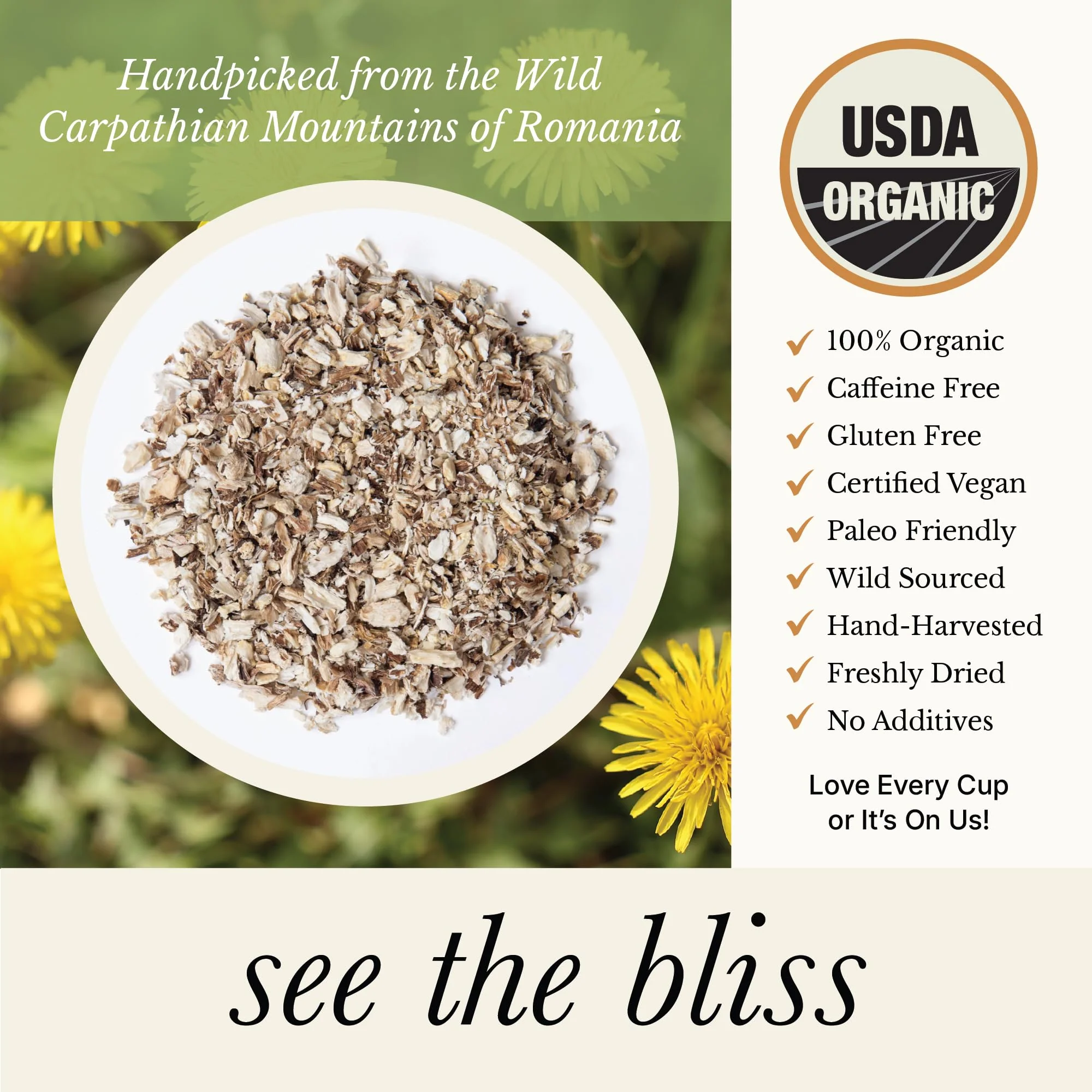 Wild Bliss Organic Wild Raw Dandelion Root Tea - Pharmacopoeia Quality Caffeine Free Herbal Detox Support - 75 Plant Based Tea Bags - Image 4