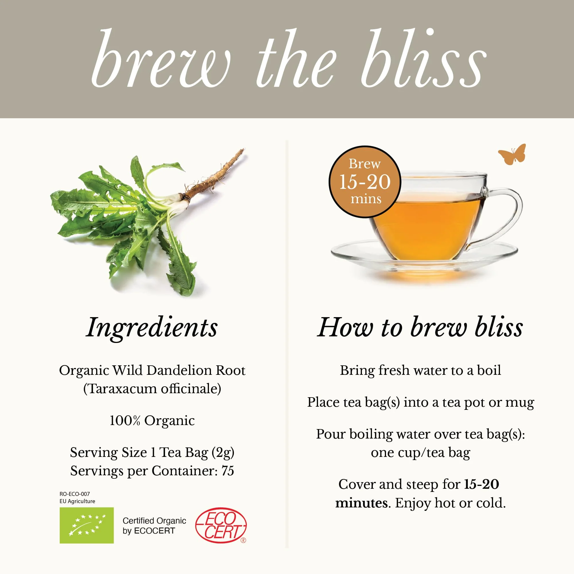 Wild Bliss Organic Wild Raw Dandelion Root Tea - Pharmacopoeia Quality Caffeine Free Herbal Detox Support - 75 Plant Based Tea Bags - Image 5