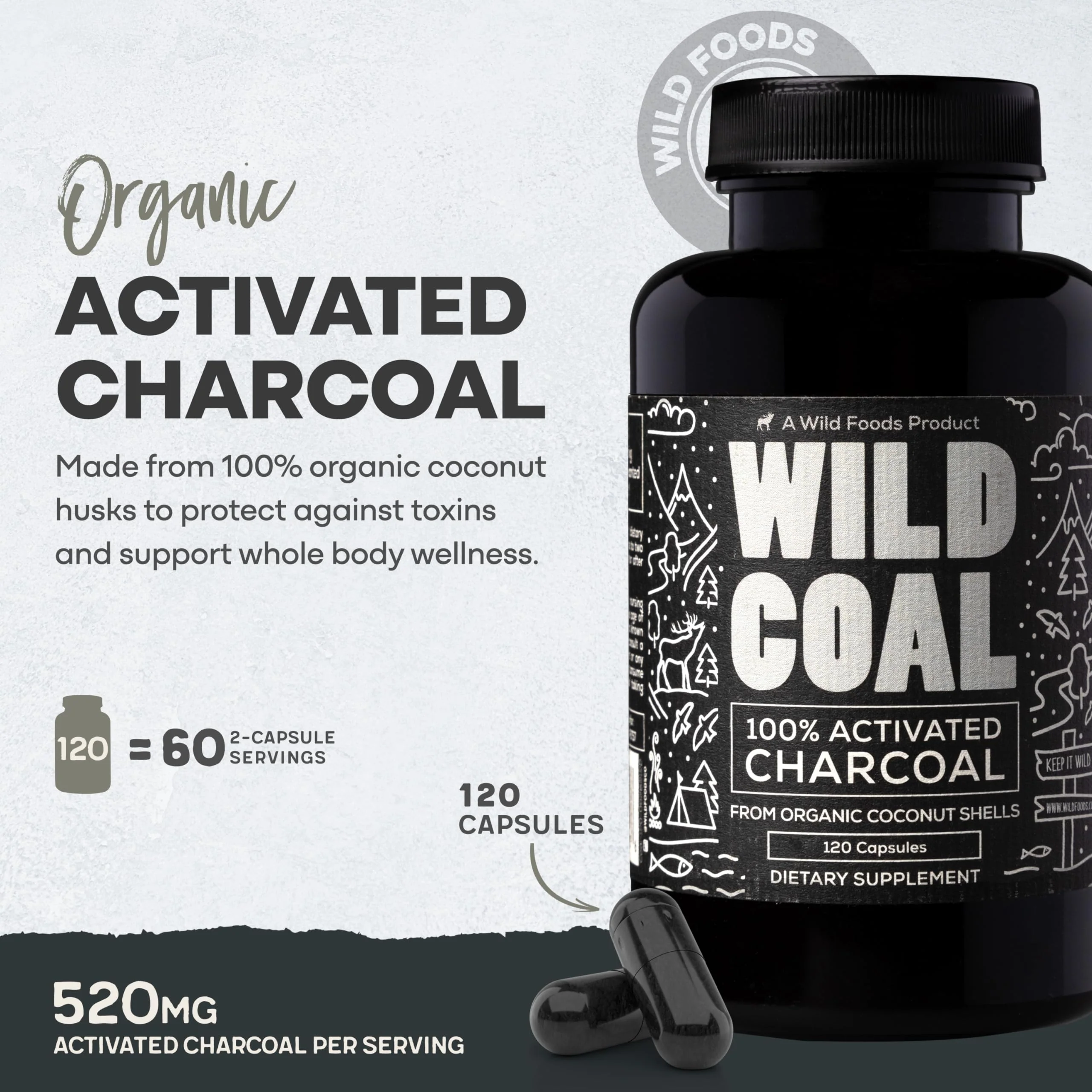 Wild Foods Activated Charcoal Capsules | 100% Organic Coconut Shells Active Tablets for Bloating Relief | Lab Tested & Non-GMO Detox Pills | USA (Two Bottles - 120 Capsules) - Image 6