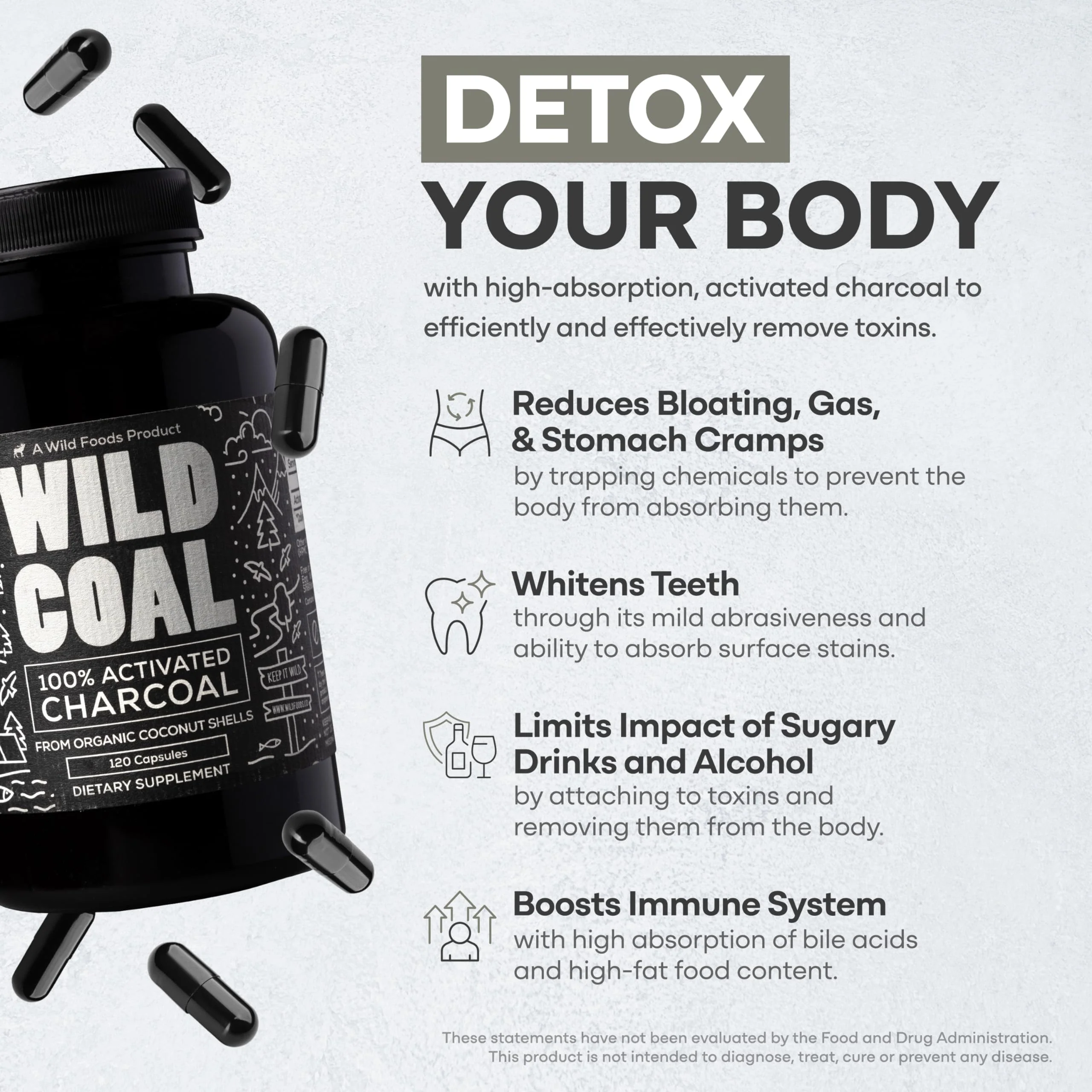 Wild Foods Activated Charcoal Capsules | 100% Organic Coconut Shells Active Tablets for Bloating Relief | Lab Tested & Non-GMO Detox Pills | USA (Two Bottles - 120 Capsules) - Image 8