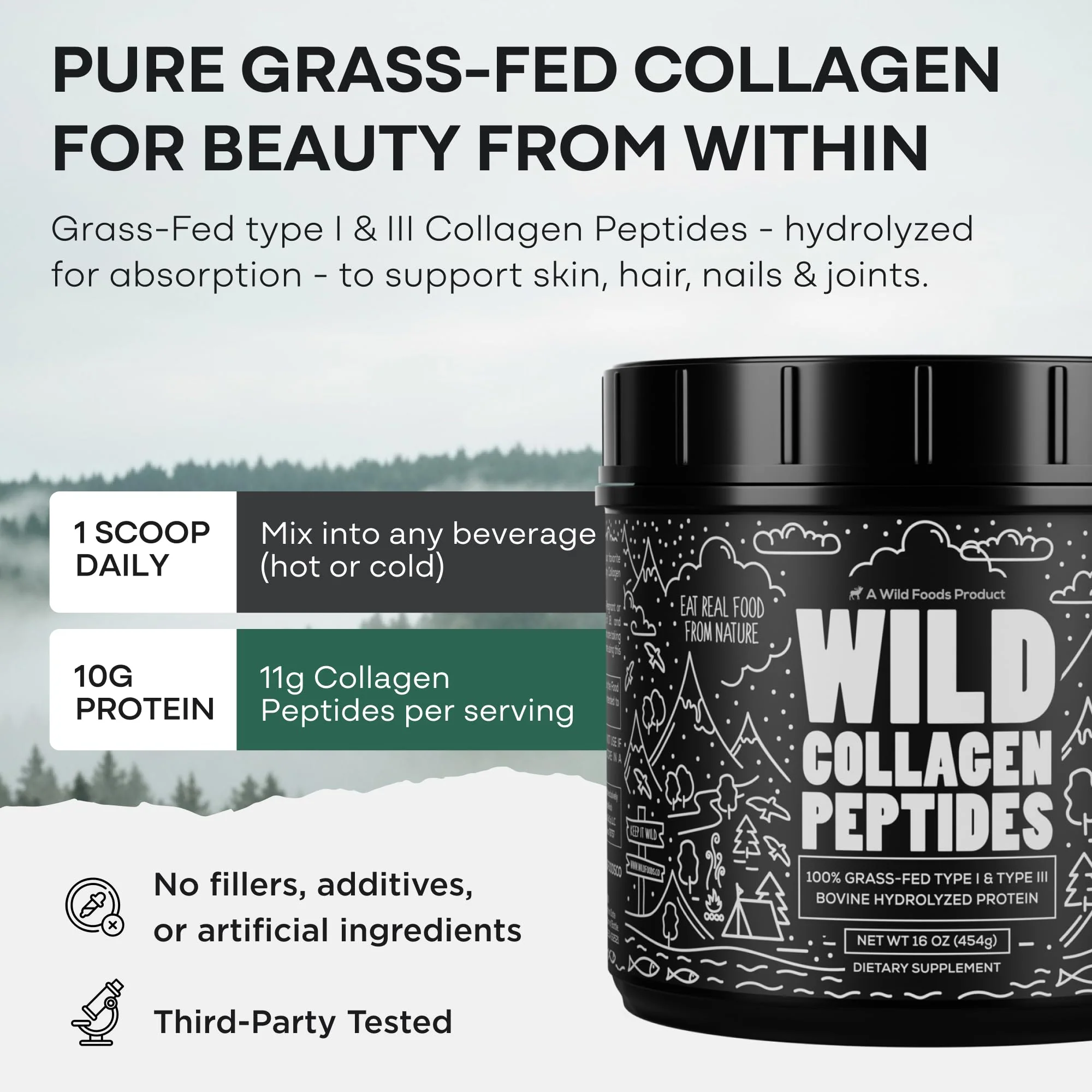 Wild Foods Collagen Peptides Powder – 16 oz Grass-Fed Hydrolyzed for Skin, Hair, Nails Support – Unflavored & Easy to Mix – Non-GMO, Made in USA Collagen Powder for Women and Men - Image 10