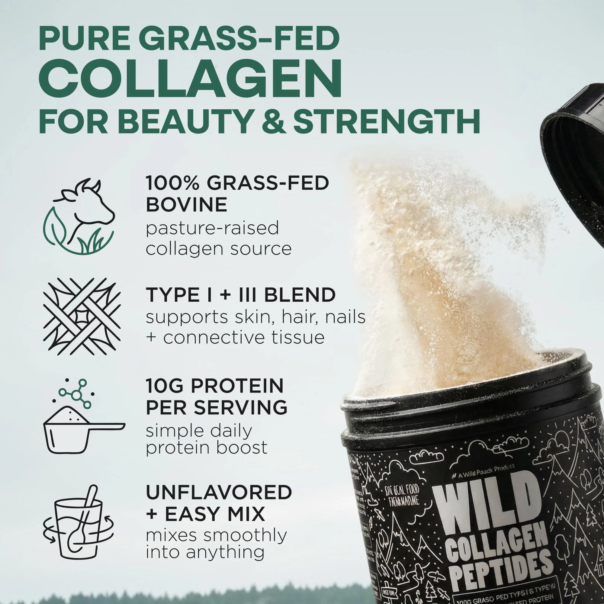 Wild Foods Collagen Peptides Powder – 16 oz Grass-Fed Hydrolyzed for Skin, Hair, Nails Support – Unflavored & Easy to Mix – Non-GMO, Made in USA Collagen Powder for Women and Men - Image 11