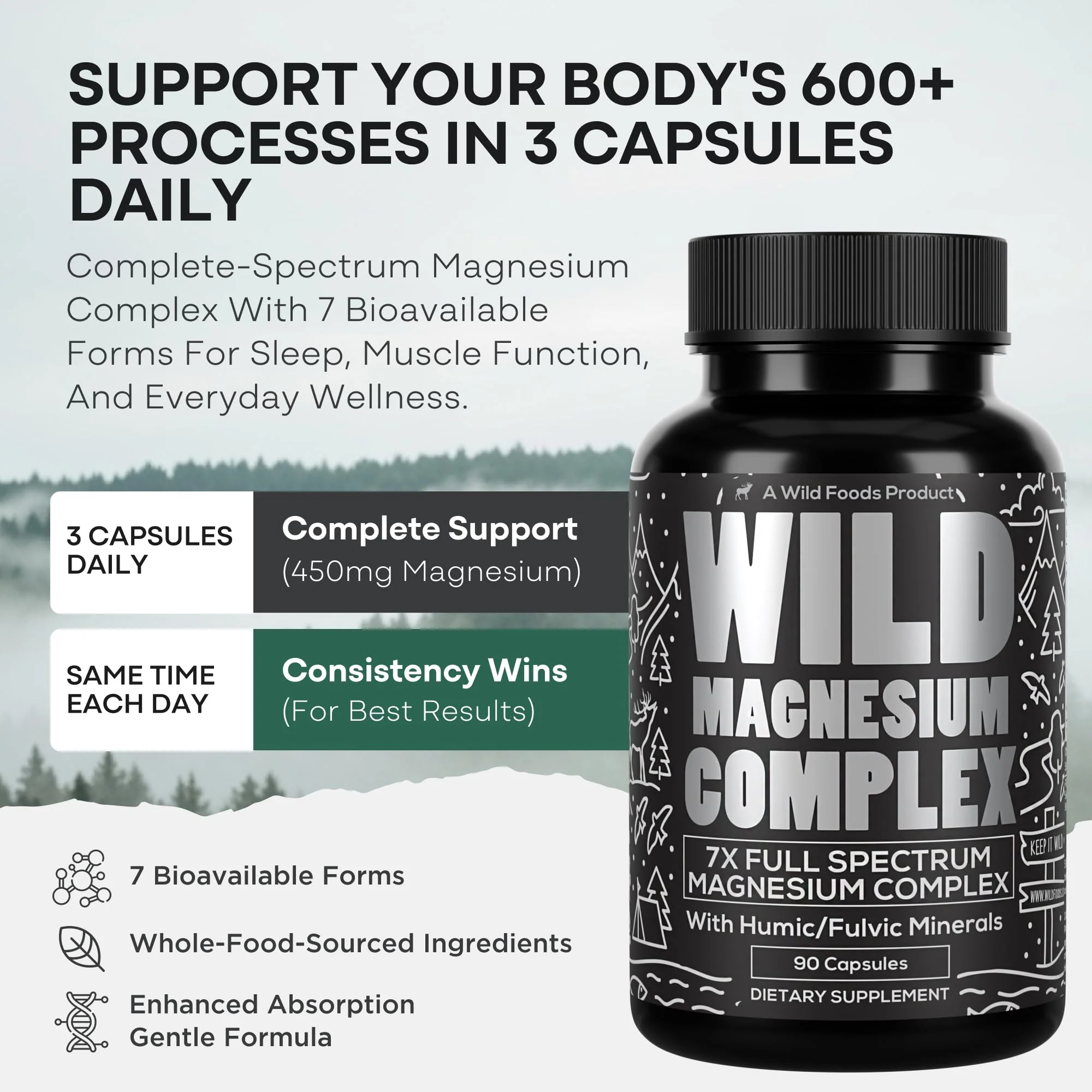 Wild Magnesium Complex for Women & Men – 7 Magnesium Forms in One: Glycinate, Citrate, Malate & More – High-Absorption Magnesio Complex with Fulvic Mineral Blend – 90 Capsules, 450 mg (Pack of 2) - Image 6