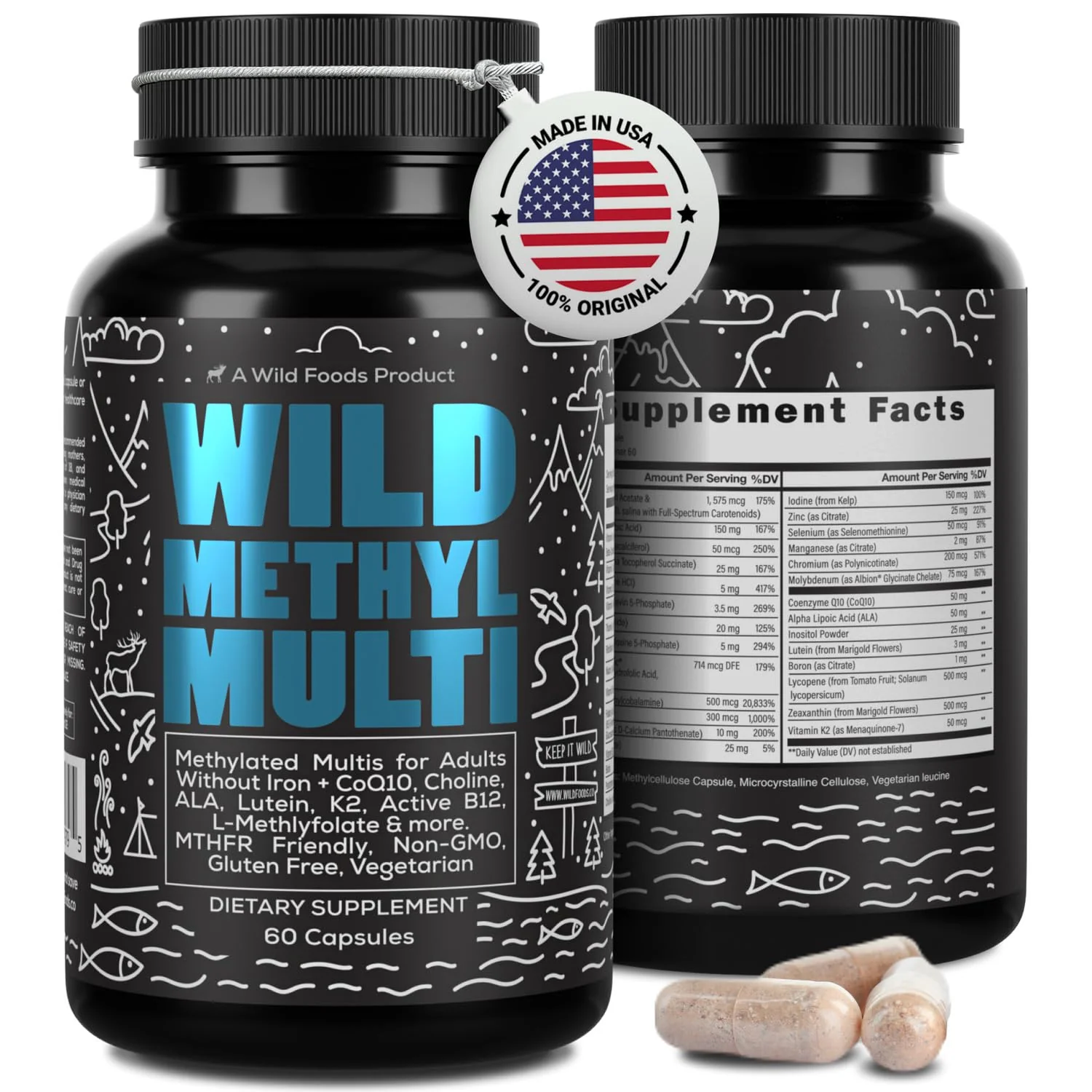 Wild Methylated Multivitamin for Women & Men | Daily Multi Vitamin | MTHFR Supplement Without Iron | Methylated B12, Folate, Vitamin C, A, K2, D, E, Choline, Biotin, ALA, CoQ10 & More (60 Capsules)