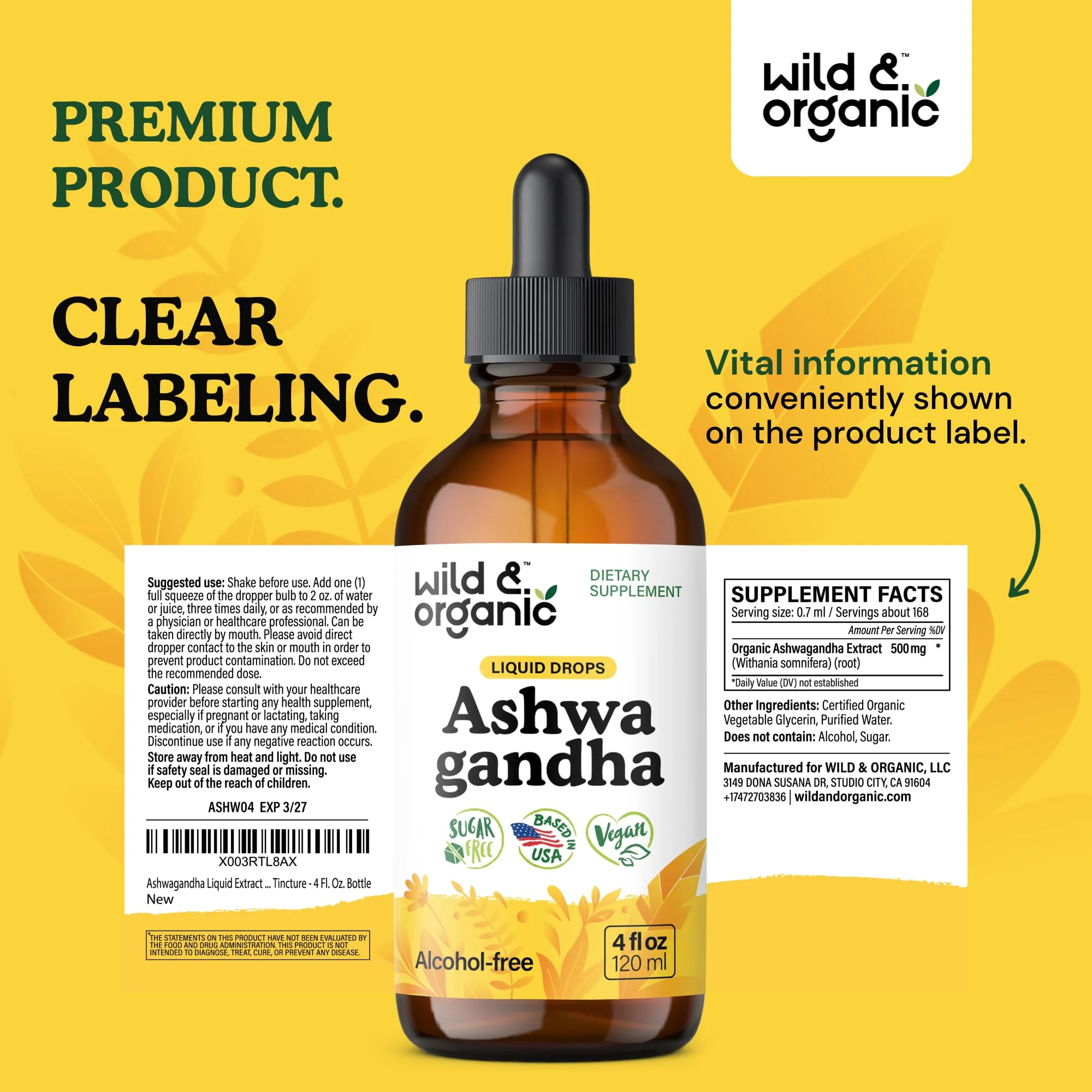 Wild & Organic Ashwagandha Drops - Mood Support & Positive Energy - 500 mg Ashwagandha for Women & Men - Add to Tea Liquid Extract for Relaxation - Non-GMO, Sugar & Alcohol-Free Tincture - 4 fl oz - Image 2