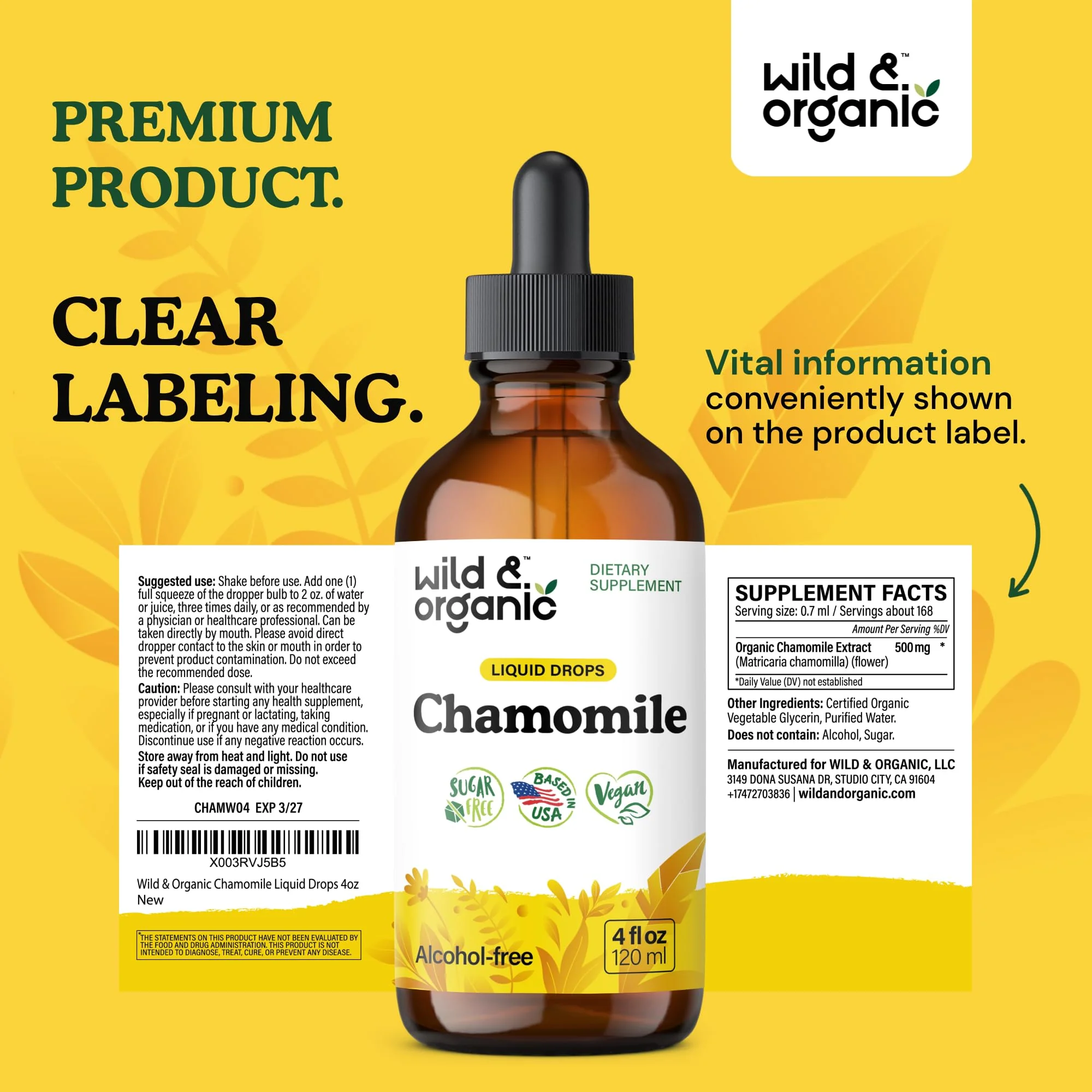 Wild & Organic Chamomile Flowers Tincture - Calming Supplement for Relaxation - Chamomile Extract Liquid Drops - Vegan, Sugar & Alcohol-Free - 4 fl oz - Image 2