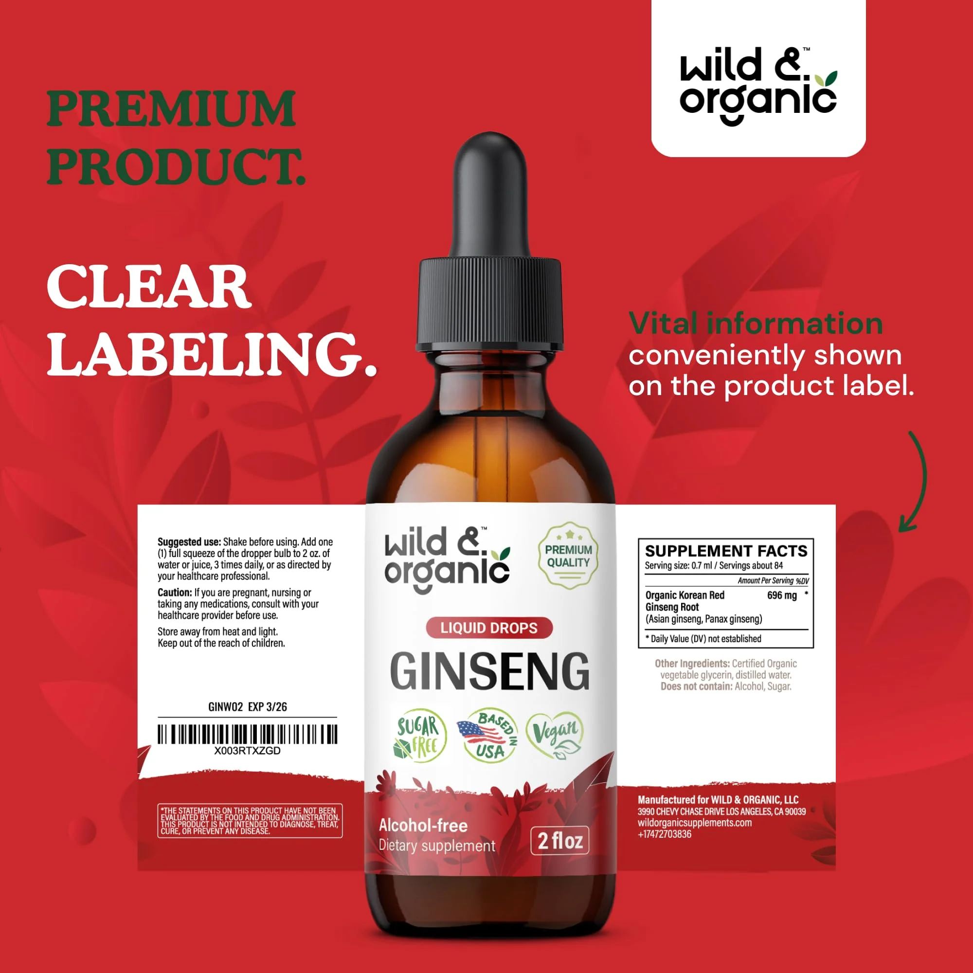Wild & Organic Korean Red Ginseng Extract Drops - Panax Ginseng Supplement for Immune Support - Liquid Root Tincture for Overall Well-Being - Vegan, Sugar & Alcohol-Free - 2 fl oz - Image 2