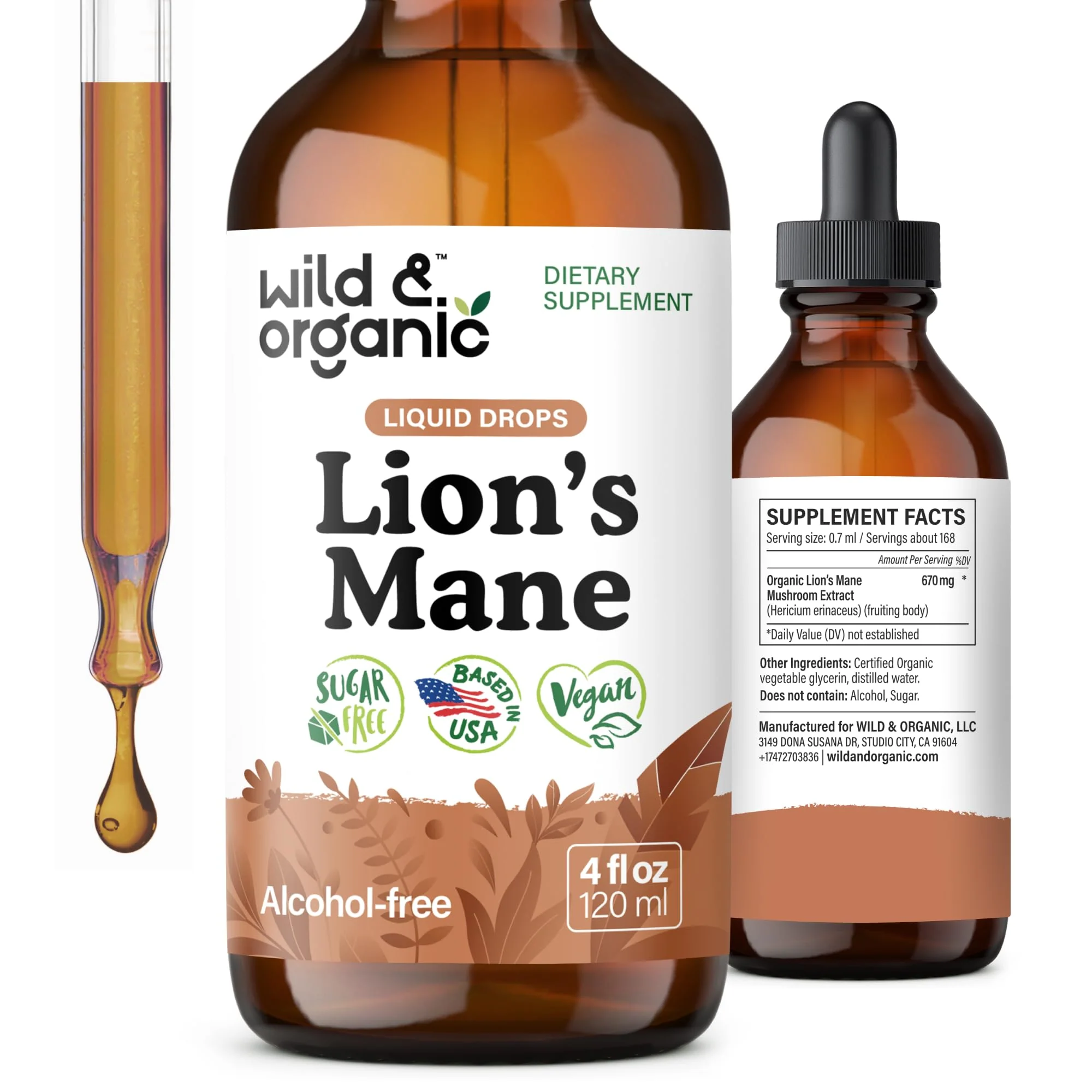 Wild & Organic Lions Mane Liquid Drops - Brain & Focus Support - 84-Day Supply - Lion's Mane Mushroom Supplement - Hericium Erinaceus Mushroom Drops - Sugar & Alcohol-Free Extract Tincture - 4 fl oz