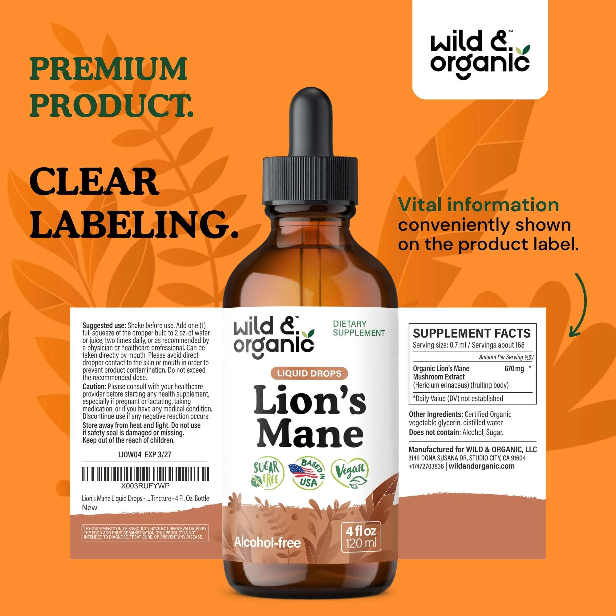 Wild & Organic Lions Mane Liquid Drops - Brain & Focus Support - 84-Day Supply - Lion's Mane Mushroom Supplement - Hericium Erinaceus Mushroom Drops - Sugar & Alcohol-Free Extract Tincture - 4 fl oz - Image 2