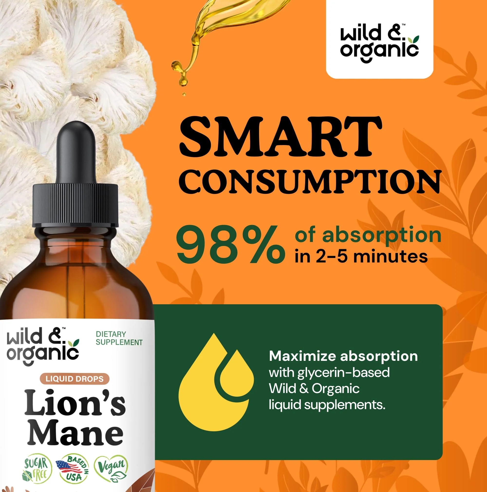Wild & Organic Lions Mane Liquid Drops - Brain & Focus Support - 84-Day Supply - Lion's Mane Mushroom Supplement - Hericium Erinaceus Mushroom Drops - Sugar & Alcohol-Free Extract Tincture - 4 fl oz - Image 7
