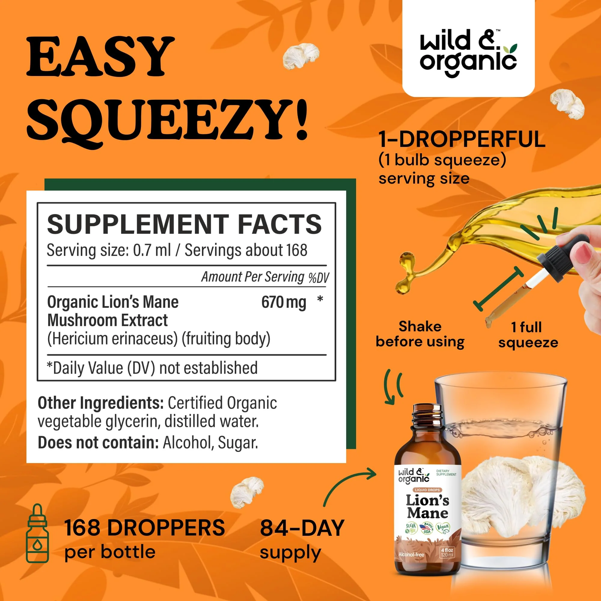 Wild & Organic Lions Mane Liquid Drops - Brain & Focus Support - 84-Day Supply - Lion's Mane Mushroom Supplement - Hericium Erinaceus Mushroom Drops - Sugar & Alcohol-Free Extract Tincture - 4 fl oz - Image 8