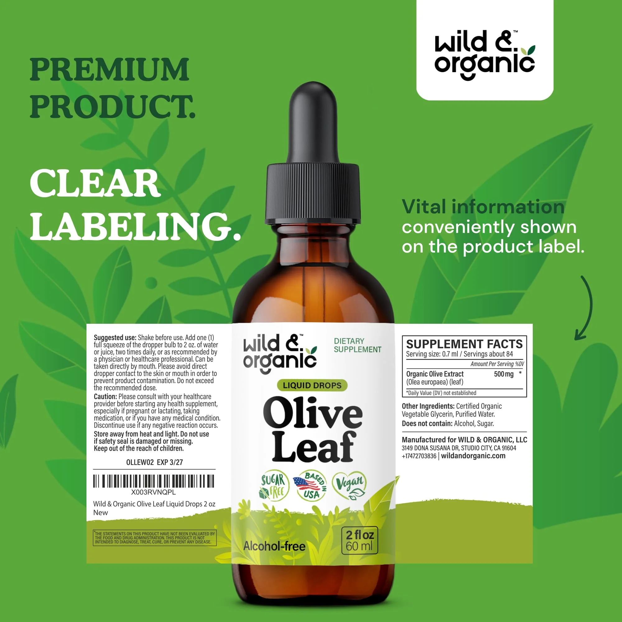 Wild & Organic Olive Leaf Extract Liquid Drops - Immune & Antioxidant Support - Oleuropein Olive Leaf Supplement - Add to Tea Tincture - Vegan, Sugar & Alcohol-Free - 2 fl oz - Image 2