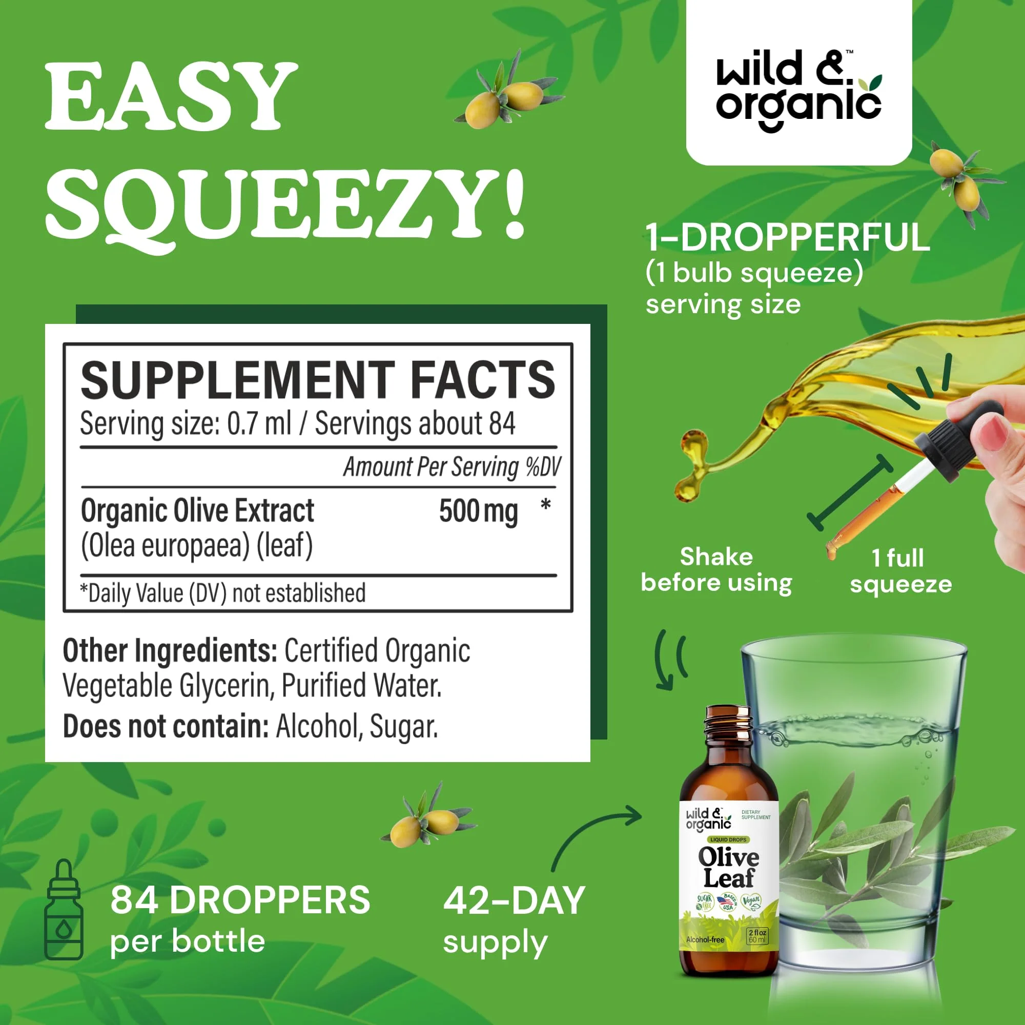 Wild & Organic Olive Leaf Extract Liquid Drops - Immune & Antioxidant Support - Oleuropein Olive Leaf Supplement - Add to Tea Tincture - Vegan, Sugar & Alcohol-Free - 2 fl oz - Image 8