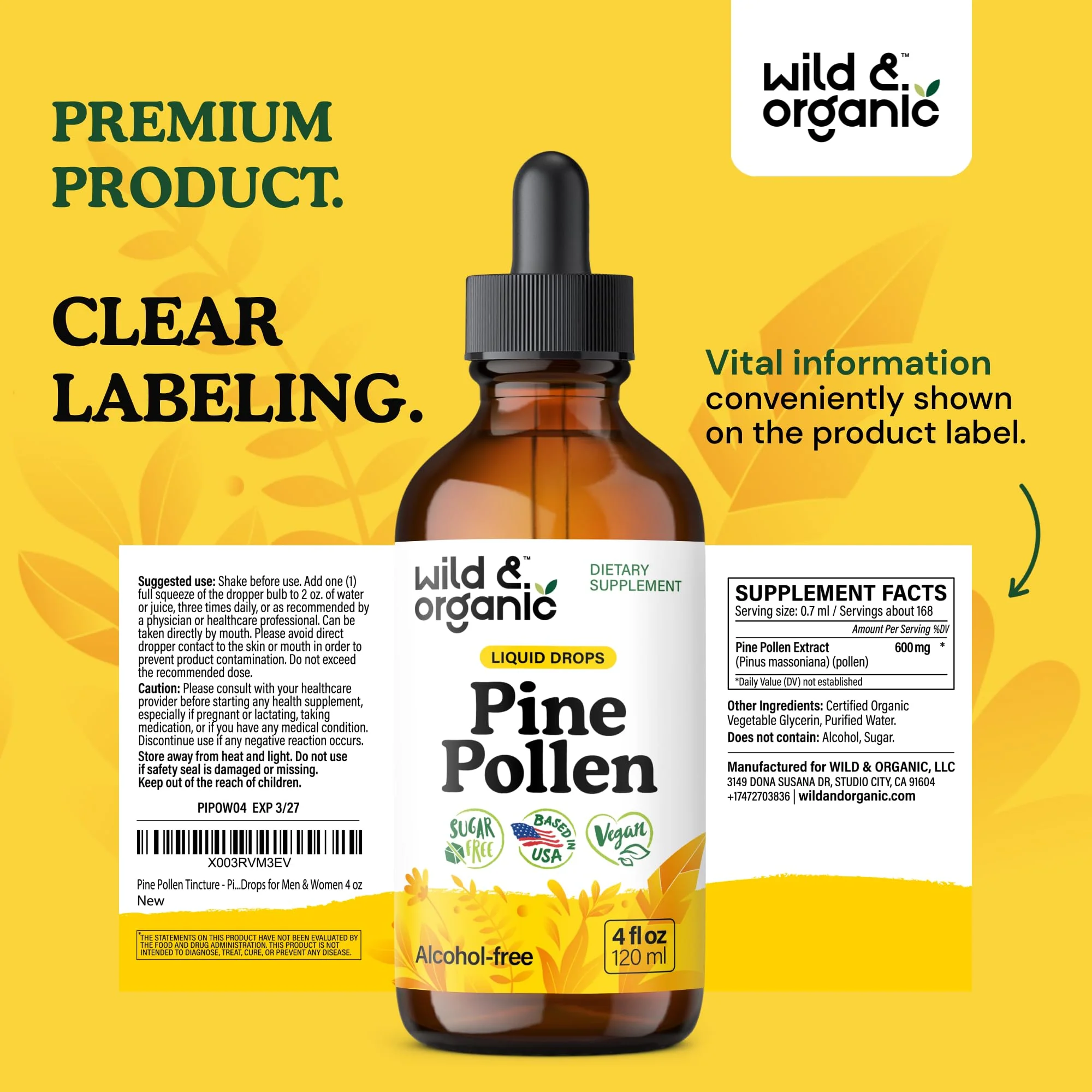 Wild & Organic Pine Pollen Tincture - Pine Pollen for Men & Women - Add to Tea & Drink - Pure Pinus Massoniana Extract Drops - Vegan, Sugar & Alcohol-Free Liquid Supplement - 4 fl oz - Image 2