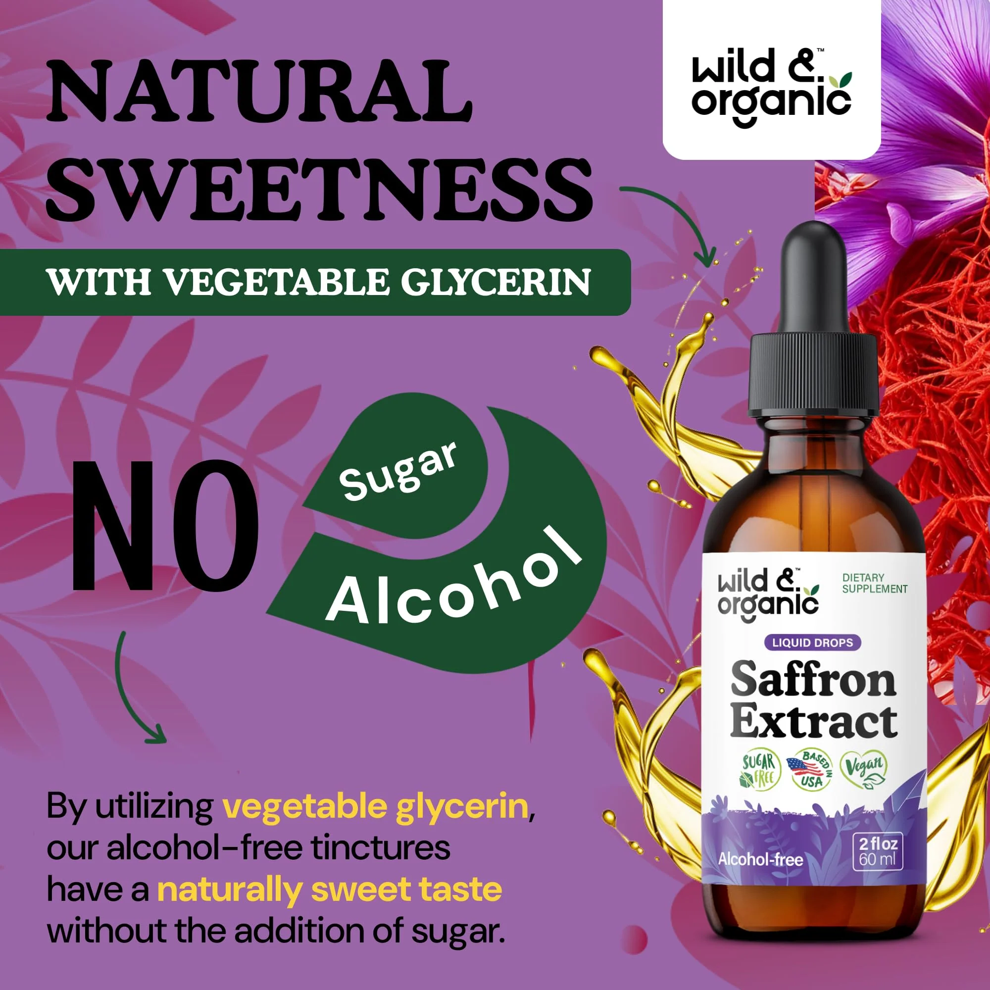 Wild & Organic Saffron Supplements 88.5 mg - Mood, Brain & Vision Support - Liquid Saffron Drops - Add to Tea - Crocus Sativus Herb Extract - Vegan, Sugar & Alcohol-Free Tincture - 2 fl oz - Image 6