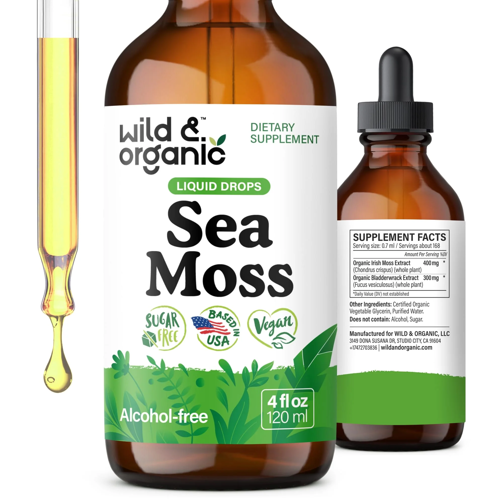 Wild & Organic Sea Moss Drops - Overall Support with Irish Seamoss and Bladderwrack - Multimineral Chondrus Crispus Tincture - Vegan, Sugar & Alcohol-Free Liquid Supplement - 4 fl oz